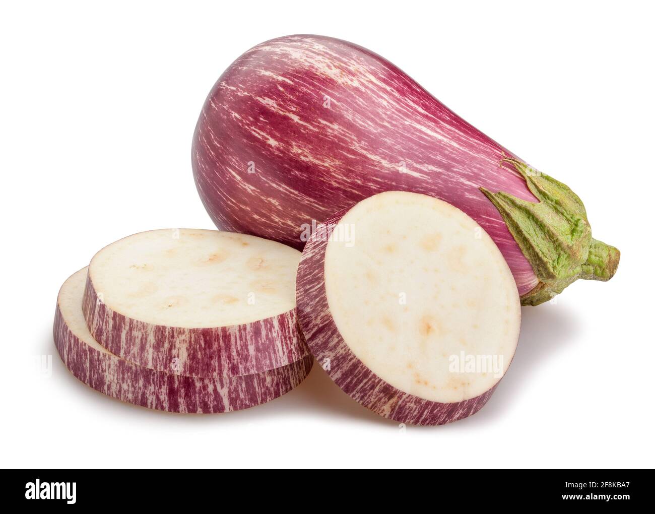 sliced striped eggplant path isolated on white Stock Photo
