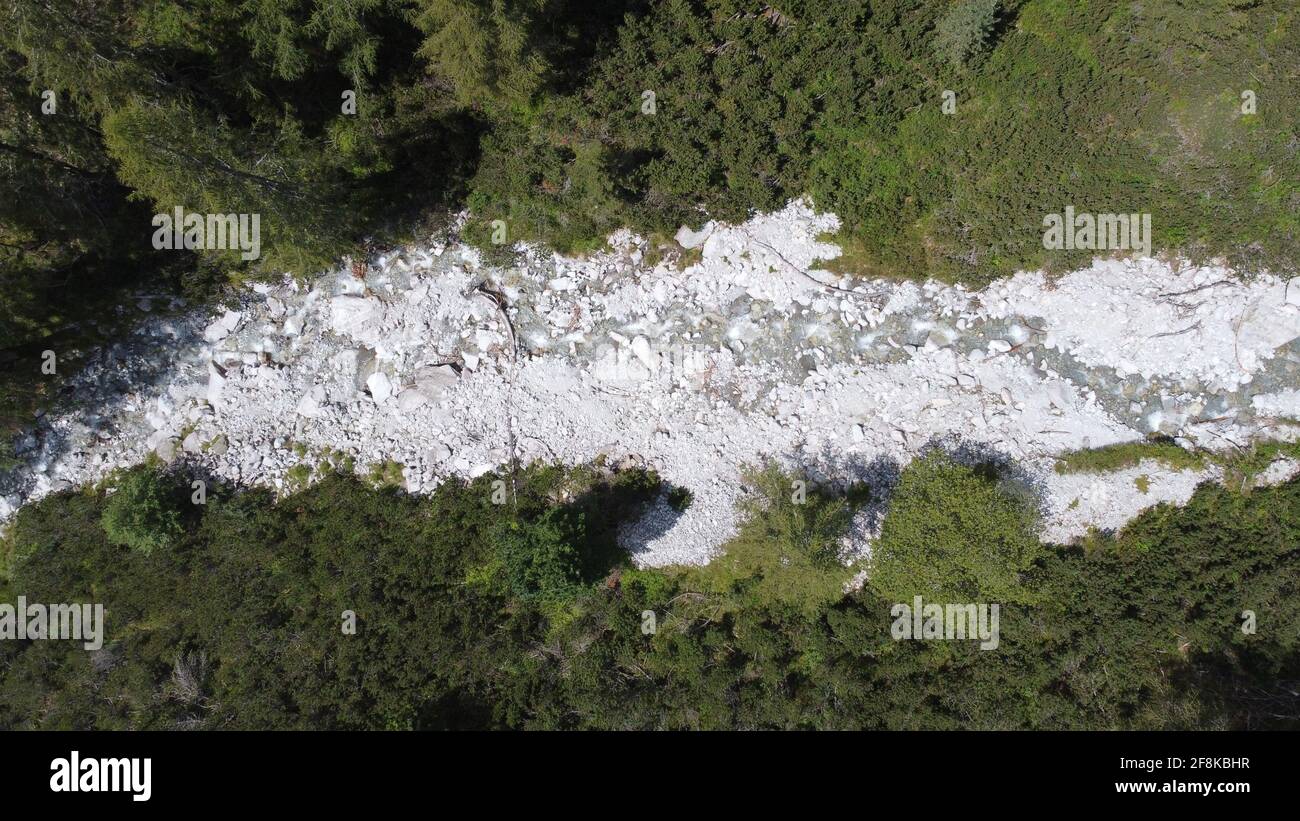 Aerial view of green forest with river Stock Photo - Alamy