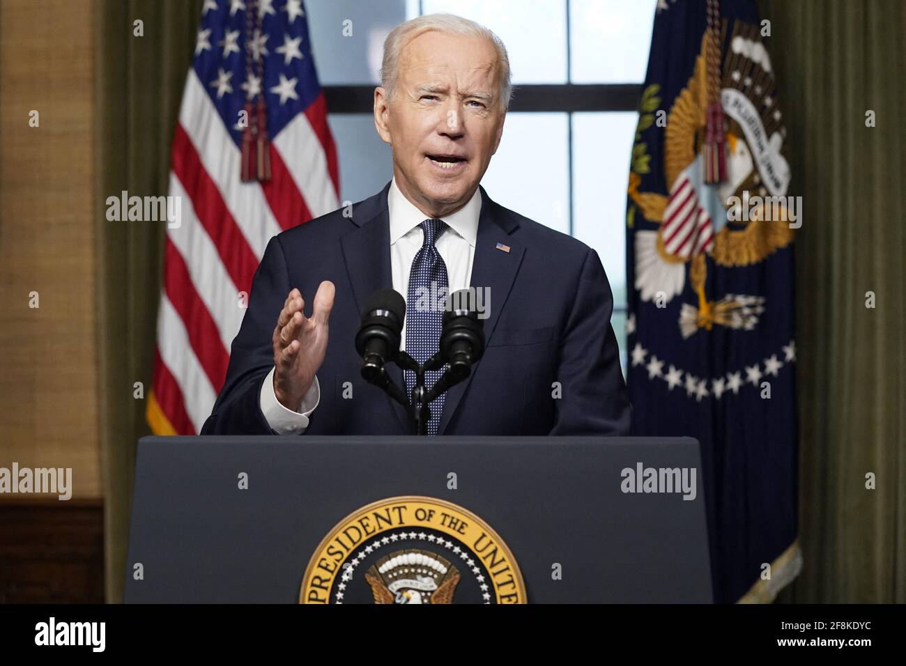 President Joe Biden speaks from the Treaty Room in the White House on Wednesday, April 14, 2021, about the withdrawal of the remainder of U.S. troops from Afghanistan. (AP Photo/Andrew Harnik, Pool) Credit: Sipa USA/Alamy Live News Stock Photo