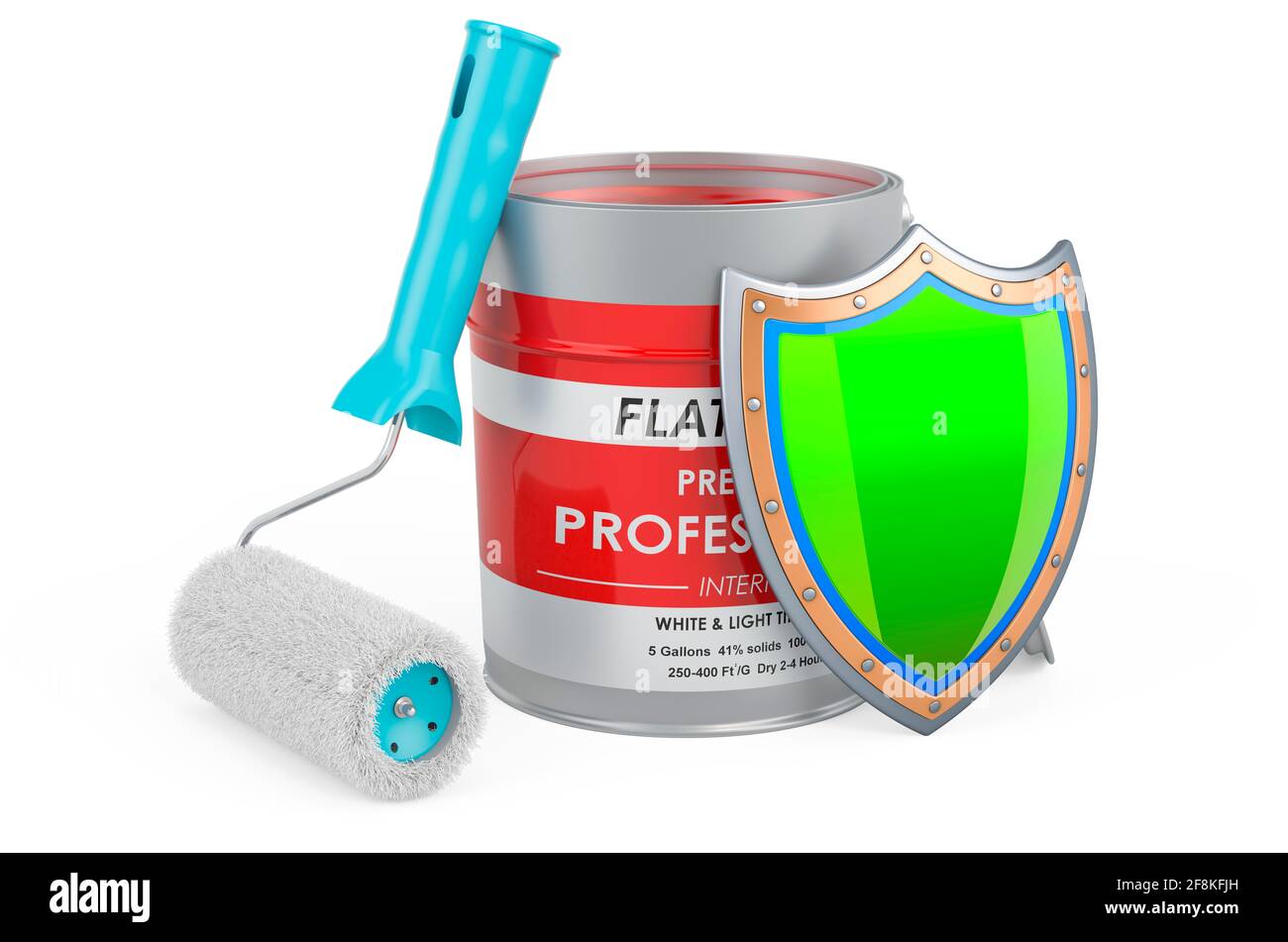 Paint can and roller brush, with shield, 3D rendering isolated on white