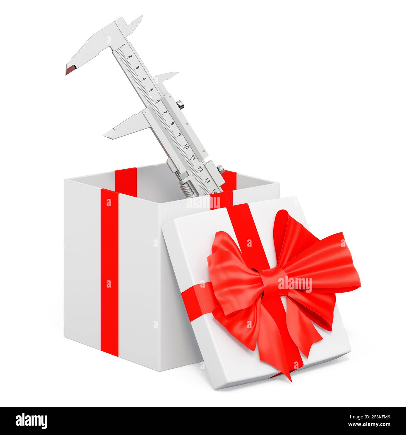 Vernier caliper inside gift box, present concept. 3D rendering isolated