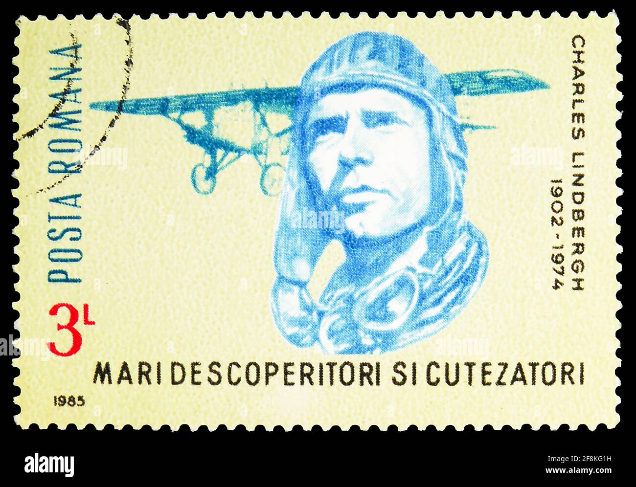 MOSCOW, RUSSIA - NOVEMBER 10, 2019: Postage stamp printed in Romania shows Charles Lindbergh, Famous Researchers and Explorers serie, circa 1985 Stock Photo
