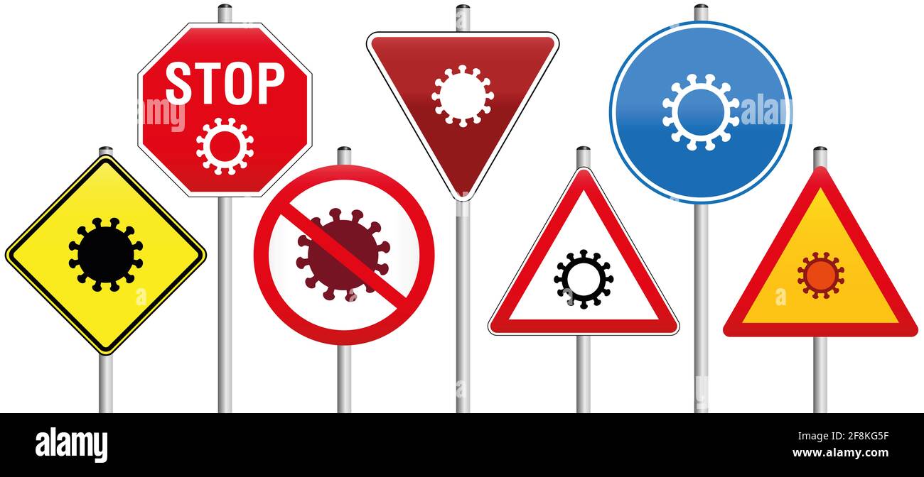 Corona traffic signs with Coronavirus symbols - illustration on white background. Stock Photo