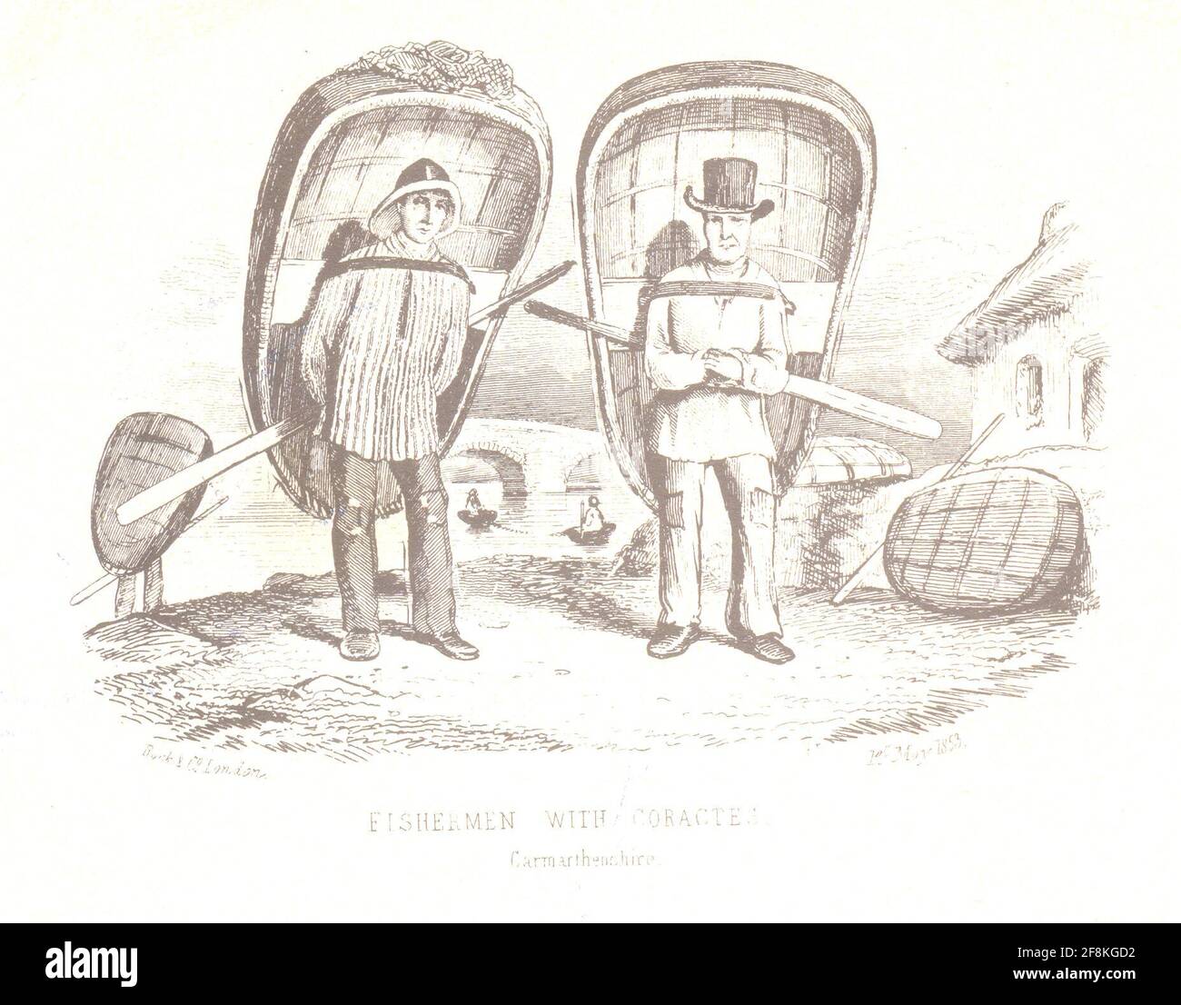 Welsh fishermen with their coracles strapped to their backs from an engraved sheet of writing paper 1853 Stock Photo