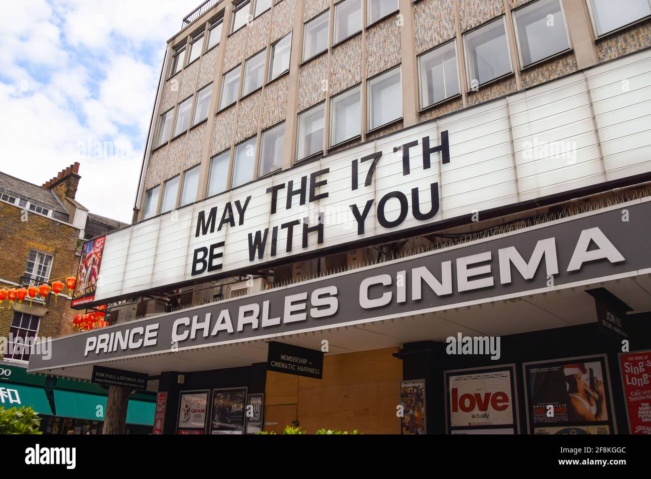 London, United Kingdom. 14th April 2021. 'May The 17th Be With You' on the marquee at Prince Charles Cinema, West End. Cinemas in the UK are due to reopen on 17th May. Stock Photo