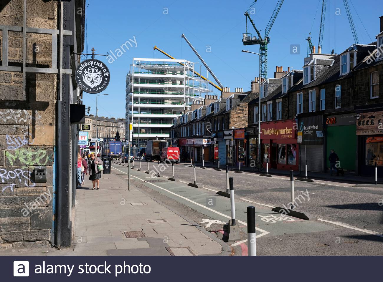 Haymarket Gap site redevelopment from Dalry Road, extra space for social distancing due to the Covid-19 coronavirus measures Edinburgh, Scotland Stock Photo