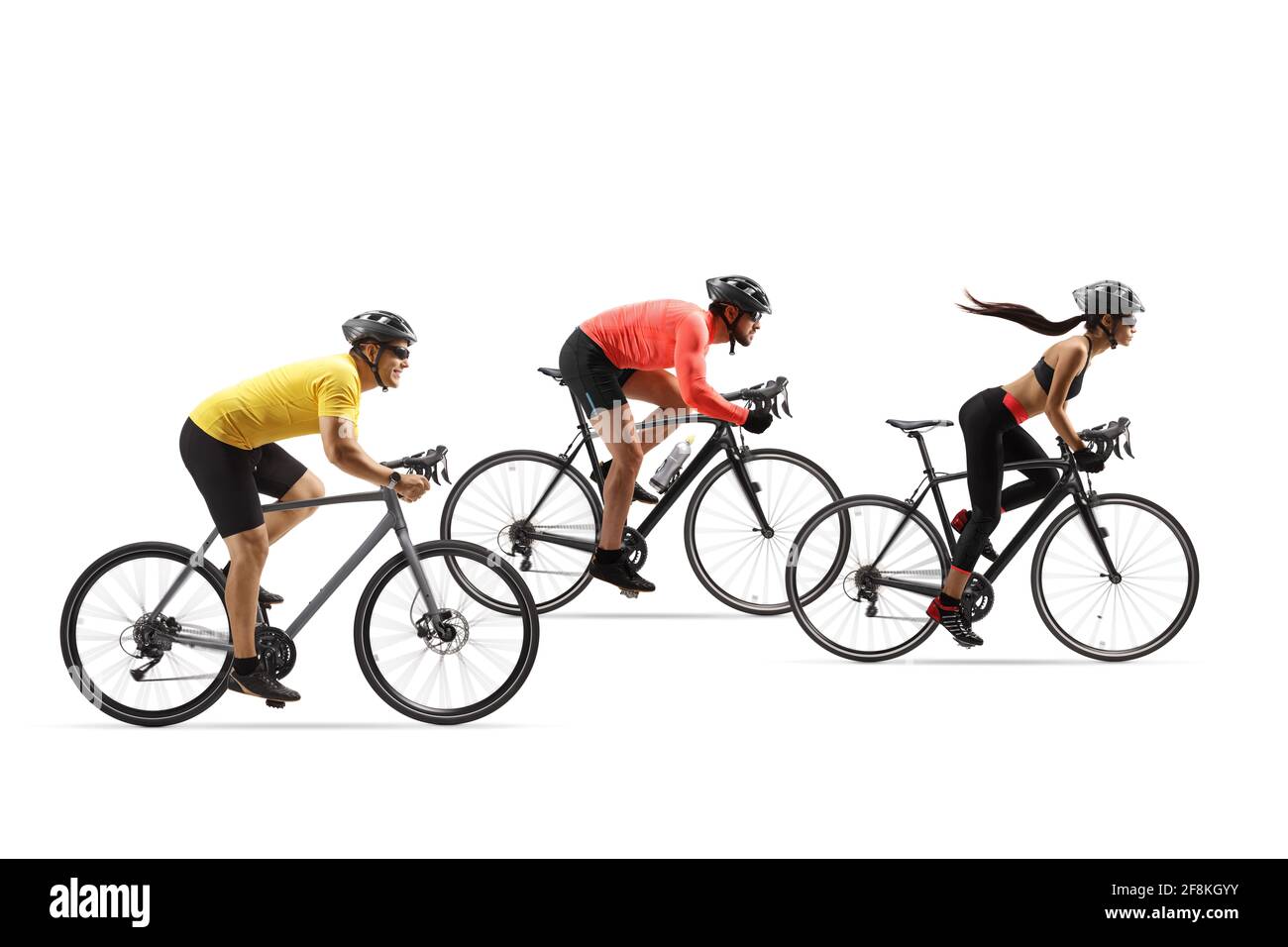 Group of cyclist riding fast isolated on white background Stock Photo