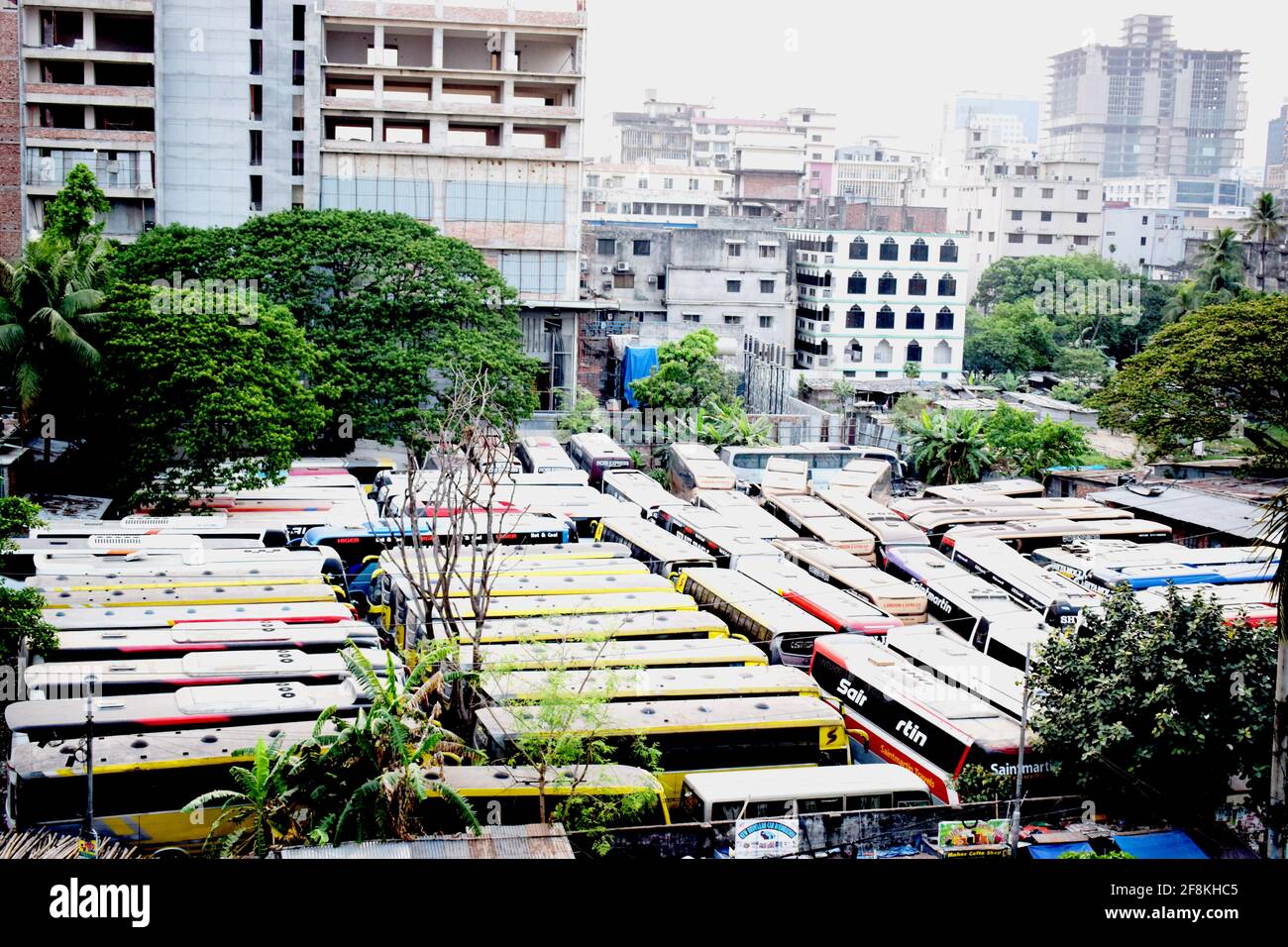 Dhaka, Bangladesh - April 14, 2021: Bus operations come to a halt as Government Announced Inter-district Transportation lockdown, due to the spread of Stock Photo