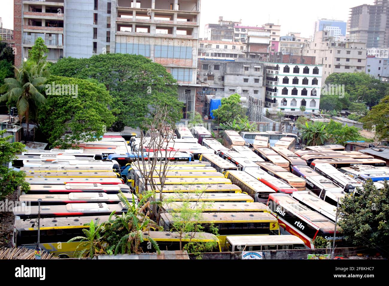 Dhaka, Bangladesh - April 14, 2021: Bus operations come to a halt as Government Announced Inter-district Transportation lockdown, due to the spread of Stock Photo