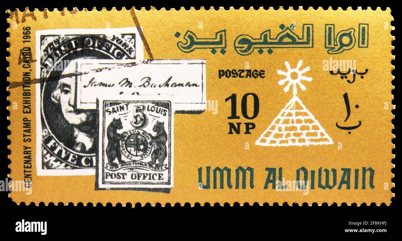 MOSCOW, RUSSIA NOVEMBER 10, 2019 Postage stamp printed in Umm Al