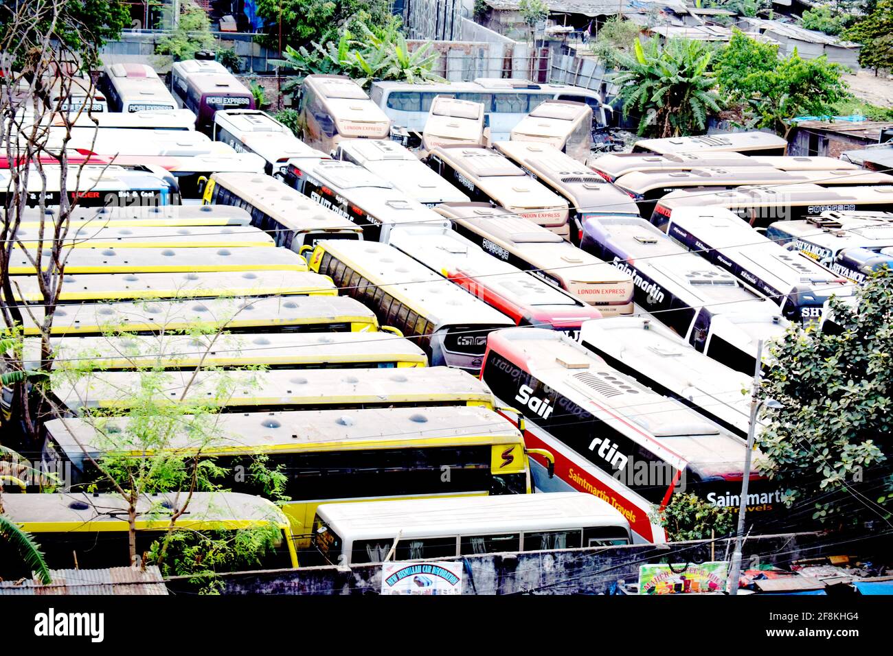 Dhaka, Bangladesh - April 14, 2021: Bus operations come to a halt as Government Announced Inter-district Transportation lockdown, due to the spread of Stock Photo