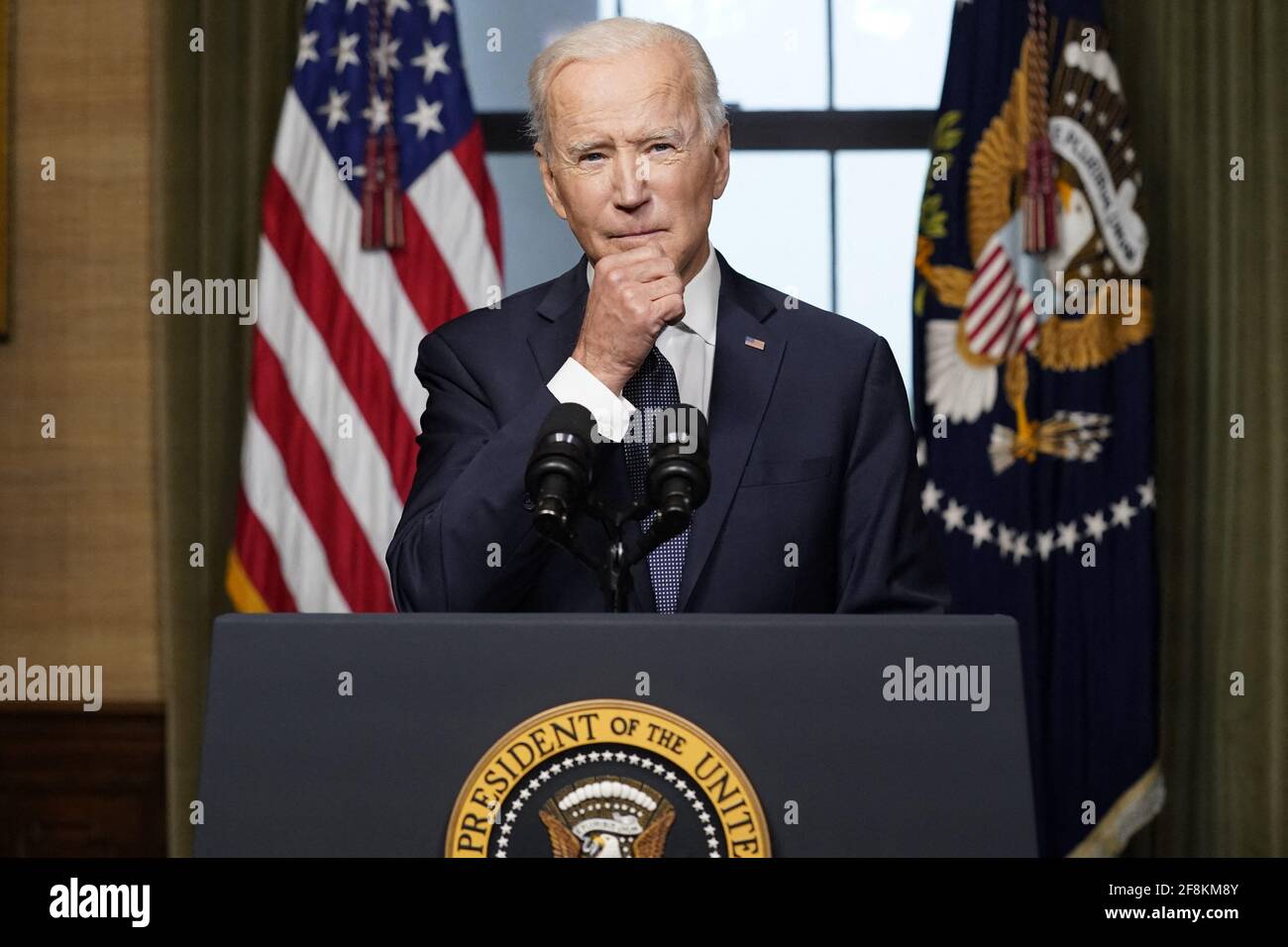 Washington, United States. 14th Apr, 2021. President Joe Biden speaks from the Treaty Room in the White House on Wednesday, April 14, 2021 about the withdrawal of the remainder of U.S. troops from Afghanistan. Pool Photo by Andrew Harnik/UPI Credit: UPI/Alamy Live News Stock Photo