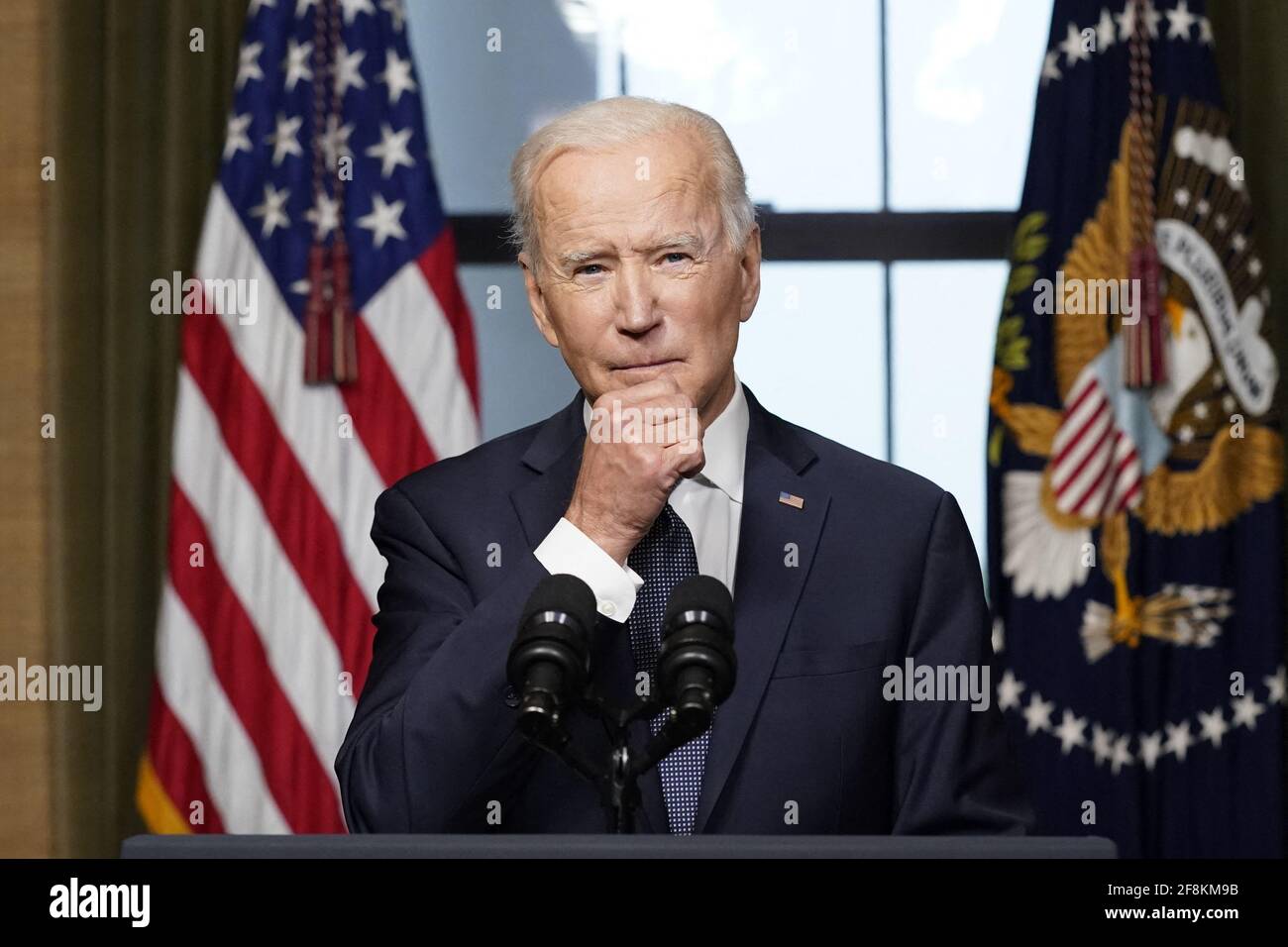 Washington, United States. 14th Apr, 2021. President Joe Biden speaks from the Treaty Room in the White House on Wednesday, April 14, 2021 about the withdrawal of the remainder of U.S. troops from Afghanistan. Pool Photo by Andrew Harnik/UPI Credit: UPI/Alamy Live News Stock Photo