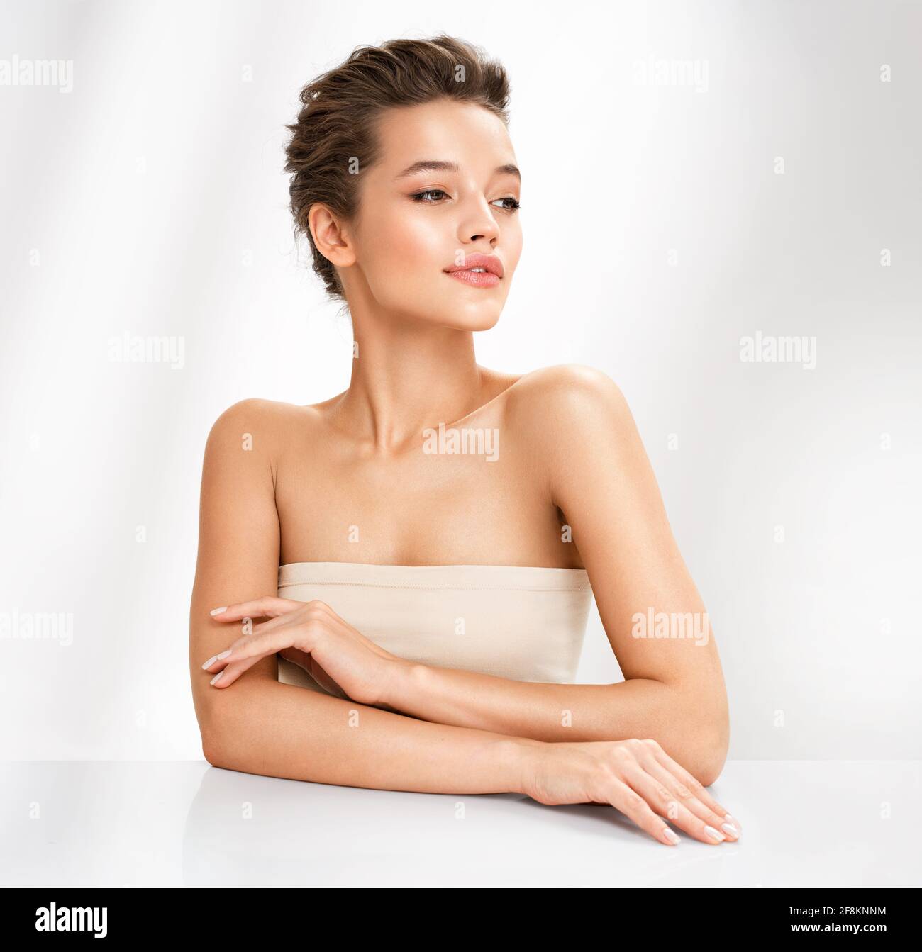 Beautiful woman with perfect makeup on white background. Beauty and ...