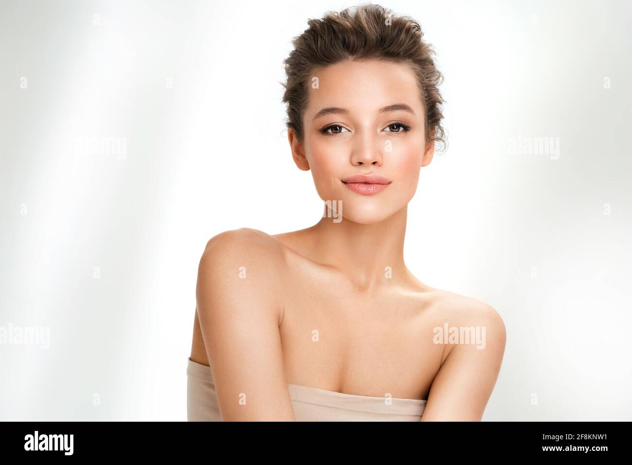 Beautiful woman with perfect makeup on white background. Beauty and ...