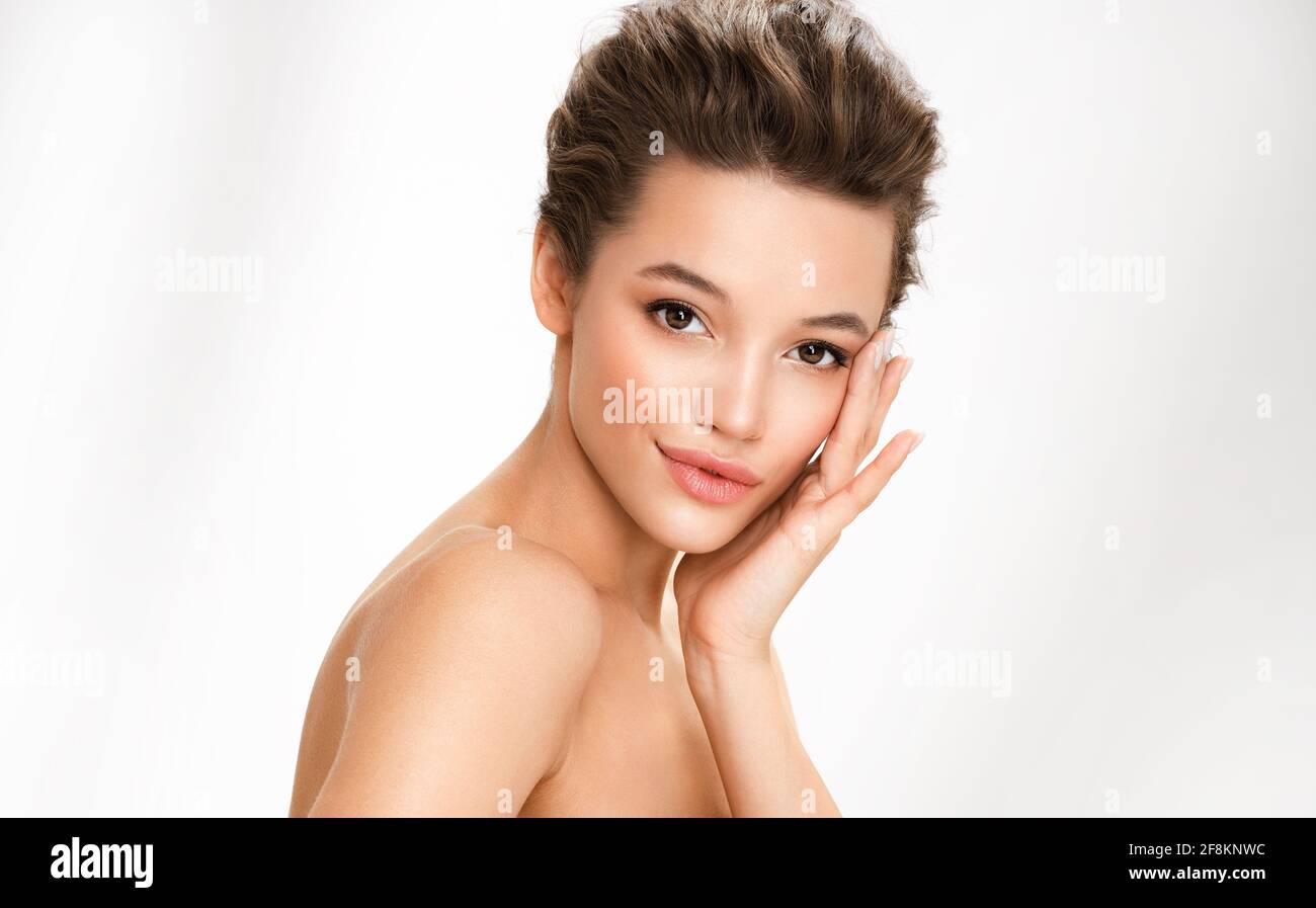 Beautiful woman with perfect makeup on white background. Beauty and skin care concept Stock