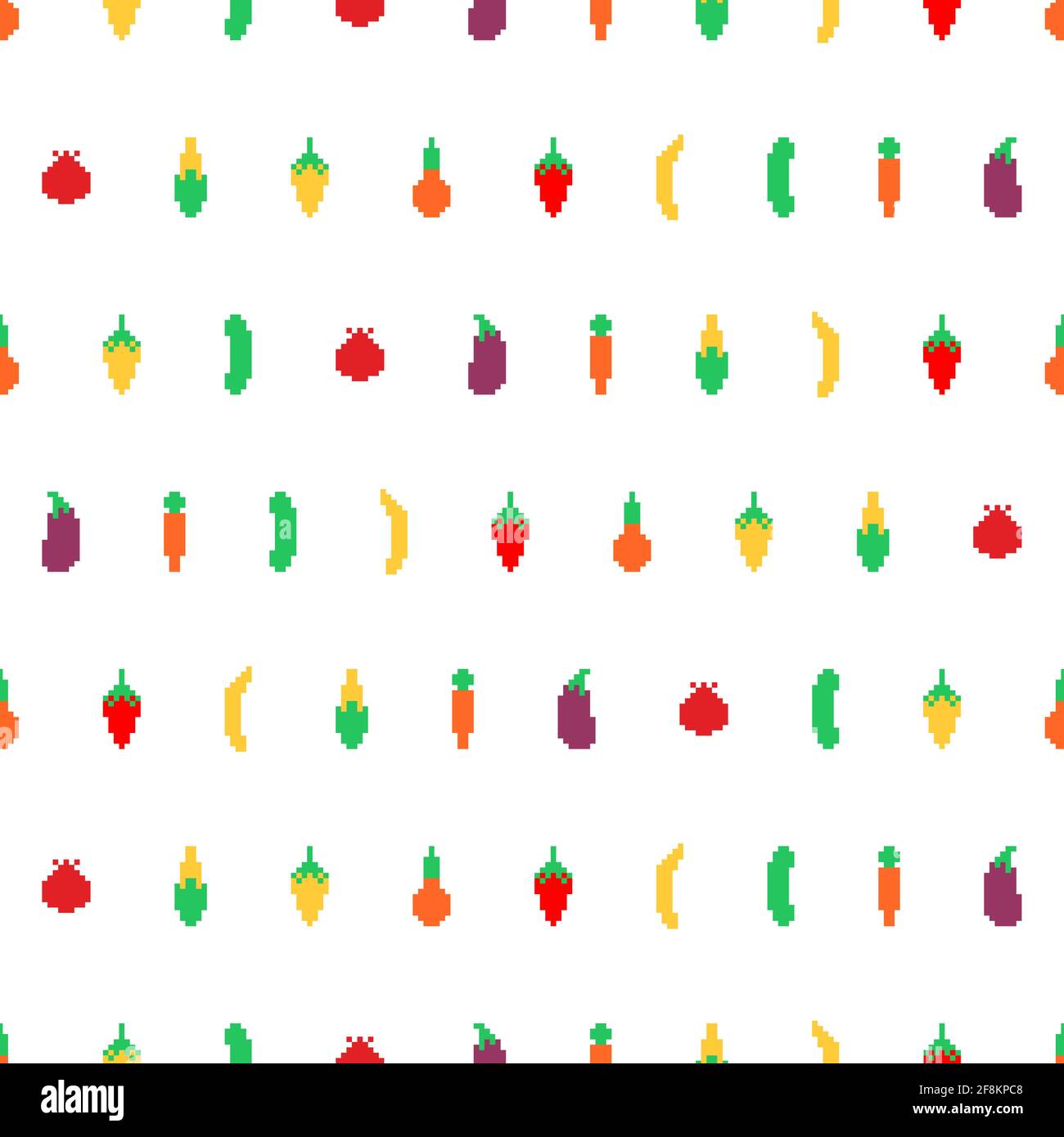 Vegetables pattern pixel art. Carrots and corn 8bit background. Pepper and cucumber 8 bit texture Stock Vector