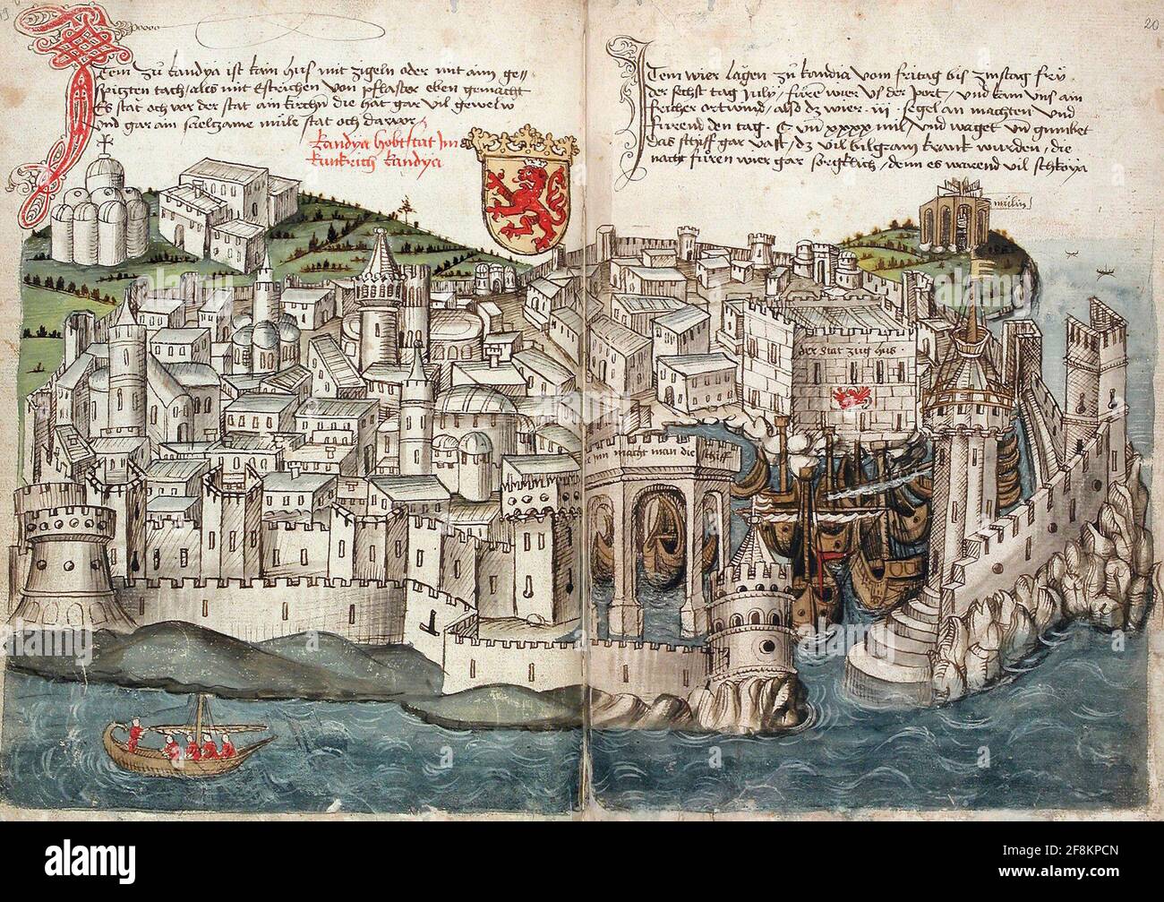 Double page, from Conrad Grünenberg: Description of the journey from Constance to Jerusalem. Lake Constance area, around 1487. Stock Photo