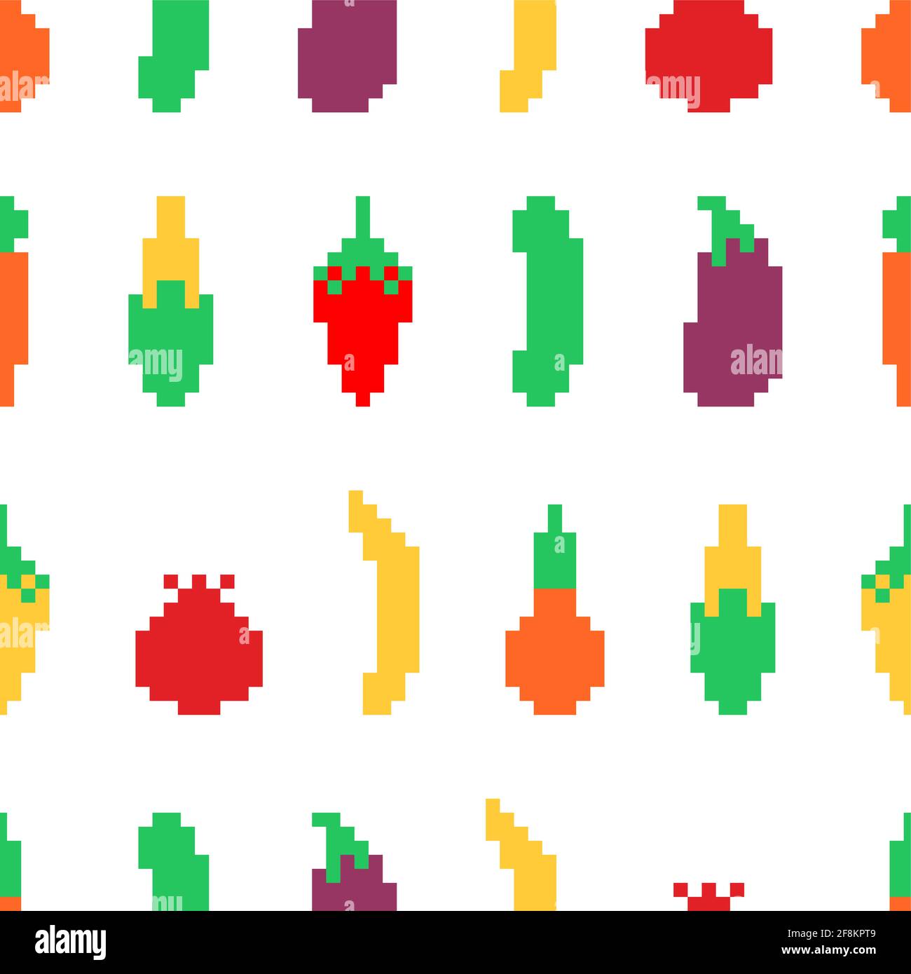 Vegetables pattern pixel art. Carrots and corn 8bit background. Pepper and cucumber 8 bit texture Stock Vector