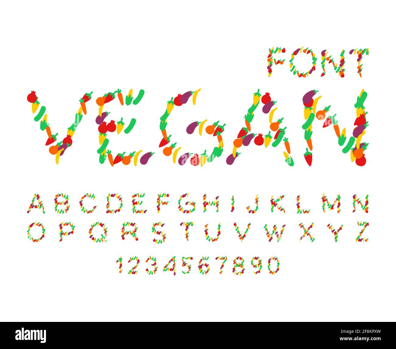 Vegetable font. Vegetarian alphabet. Letters from vegetable ABC. Corn and cucumber. Pepper and eggplant Stock Vector