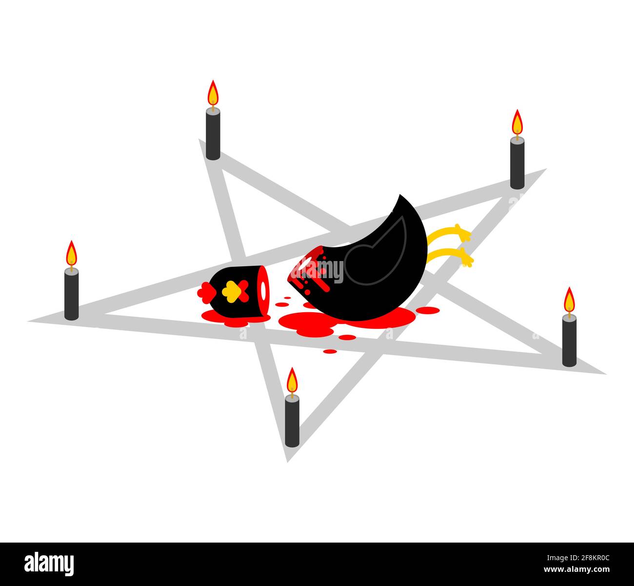 Sacrificial chicken and pentagram. Black Rooster sacrificed. Rite of dark magic sorcery Stock Vector