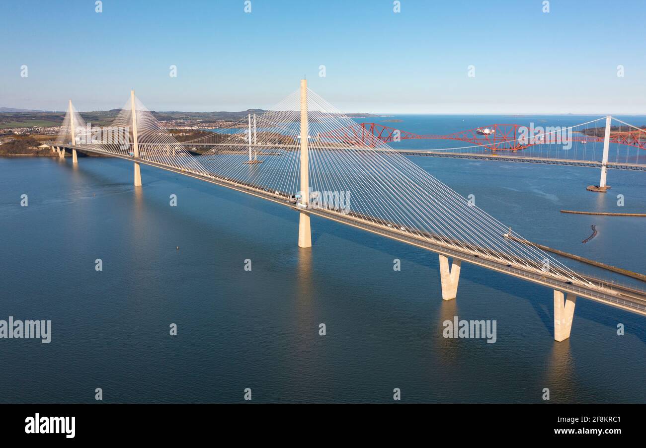 Aerial view from drone of Queensferry Crossing Bridge a cable-stayed bridge spanning the Firth of Forth in Scotland, UK Stock Photo