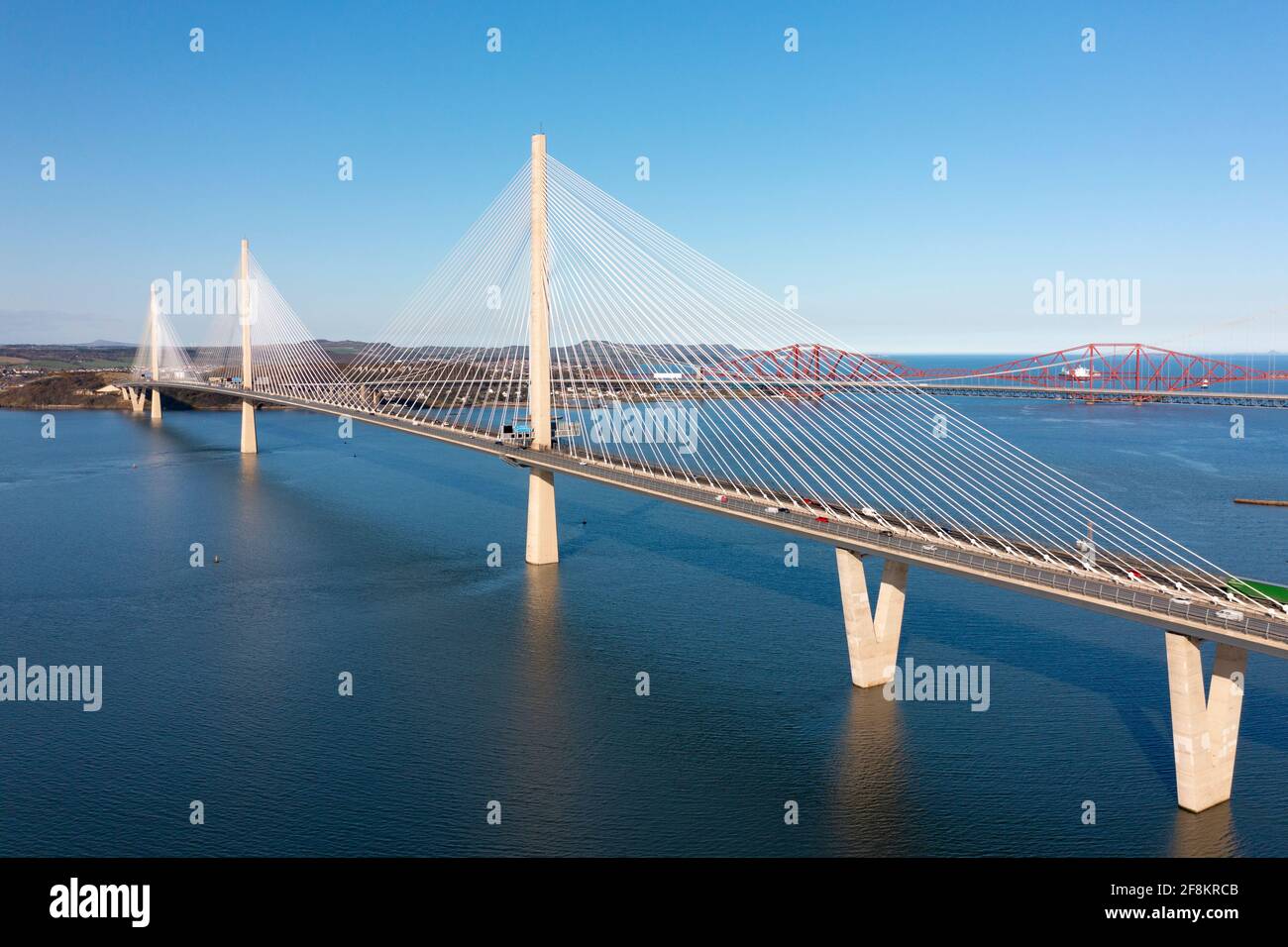Aerial view from drone of Queensferry Crossing Bridge a cable-stayed bridge spanning the Firth of Forth in Scotland, UK Stock Photo