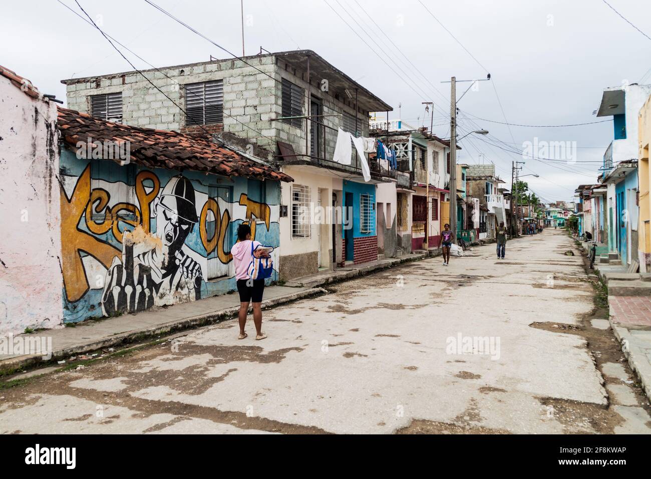 SANCTI SPIRITUS, CUBA - FEB 7, 2016: Street with colorful houses in Sancti Spiritus, Cuba Stock Photo