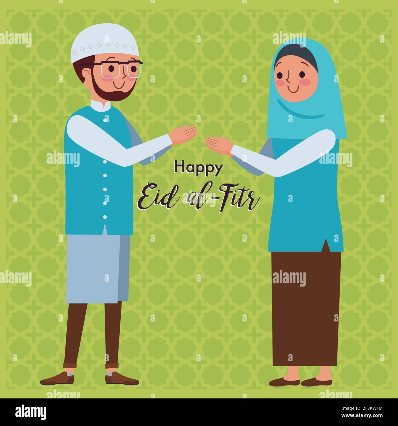 Muslim couple are shaking hands to forgive each other to welcome the eid al-Fitr. Stock Vector