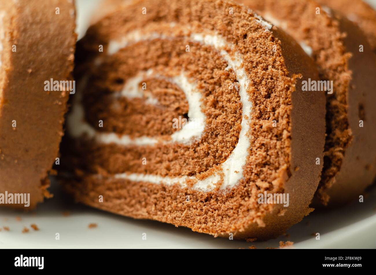 Chocolate sponge roll with a vanilla flavour filling, chocolate swiss