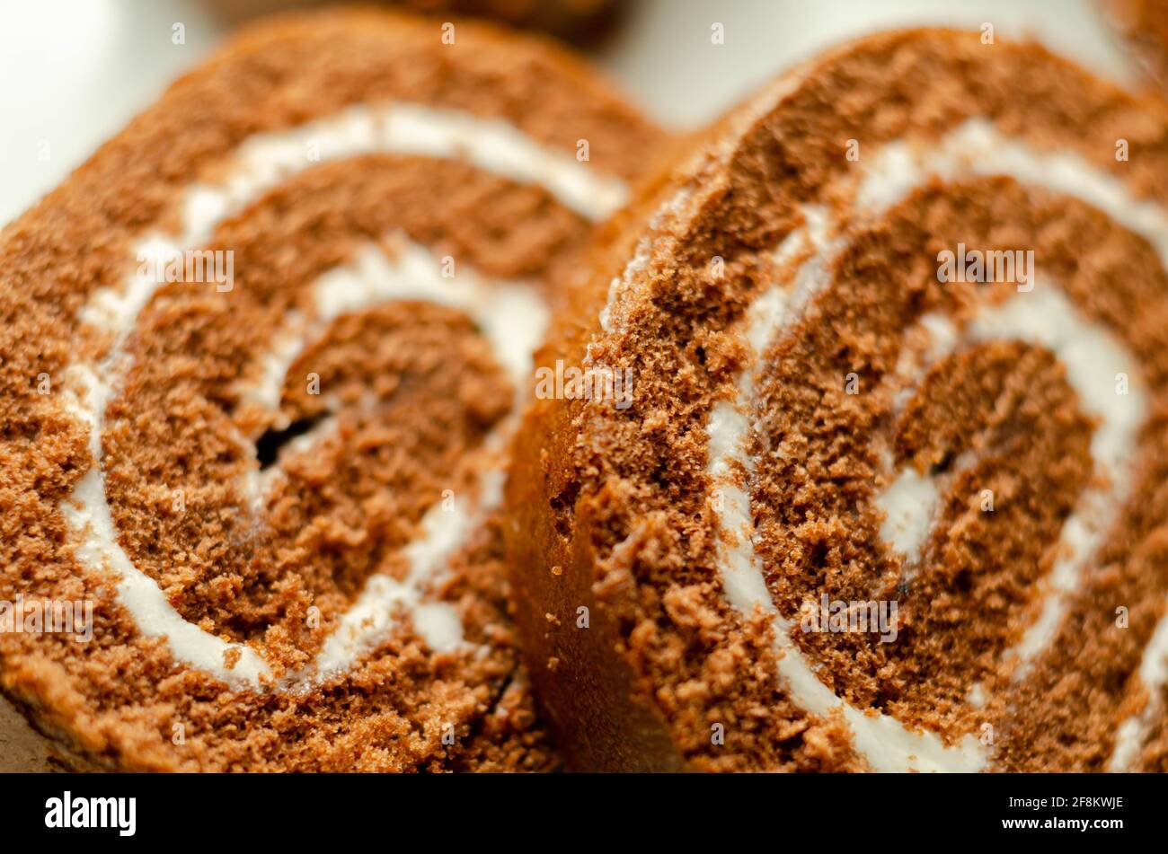 Chocolate sponge roll with a vanilla flavour filling, chocolate swiss