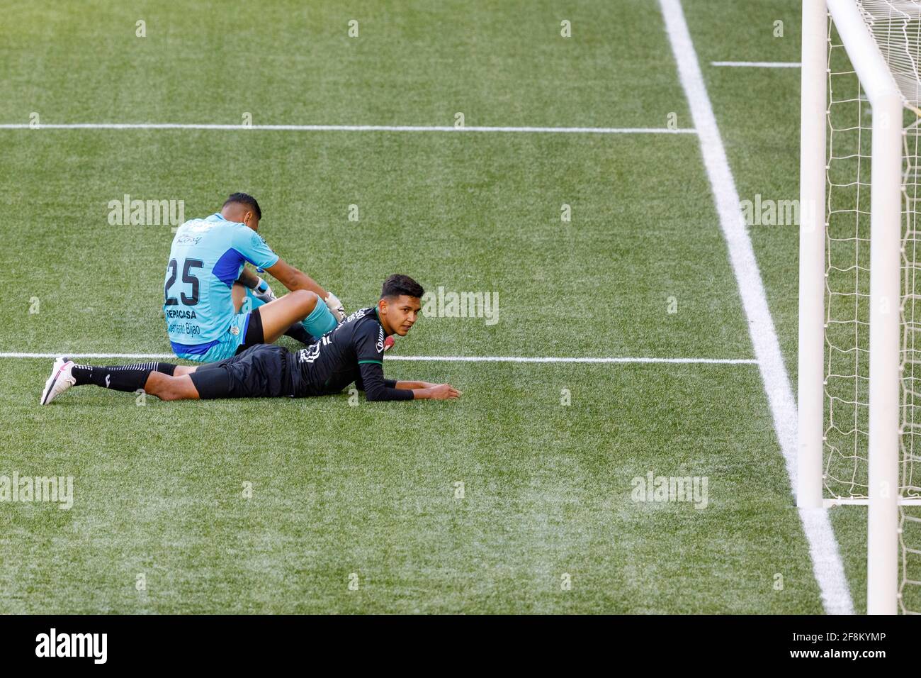 Portland, USA. 13th Apr, 2021. Goalkeeper Denovan Torres sits dejectedly after the Timbers' fifth goal. The Portland Timbers trounced Honduras' CD Marathon 5-0 on April 13, 2021 in Portland, Oregon, including a hat trick by Yimmy Chara, in their second meeting in the CONCACAF round of 16. Their first meeting last week in Honduras was a 2-2 tie. (Photo by John Rudoff/Sipa USA) Credit: Sipa USA/Alamy Live News Stock Photo