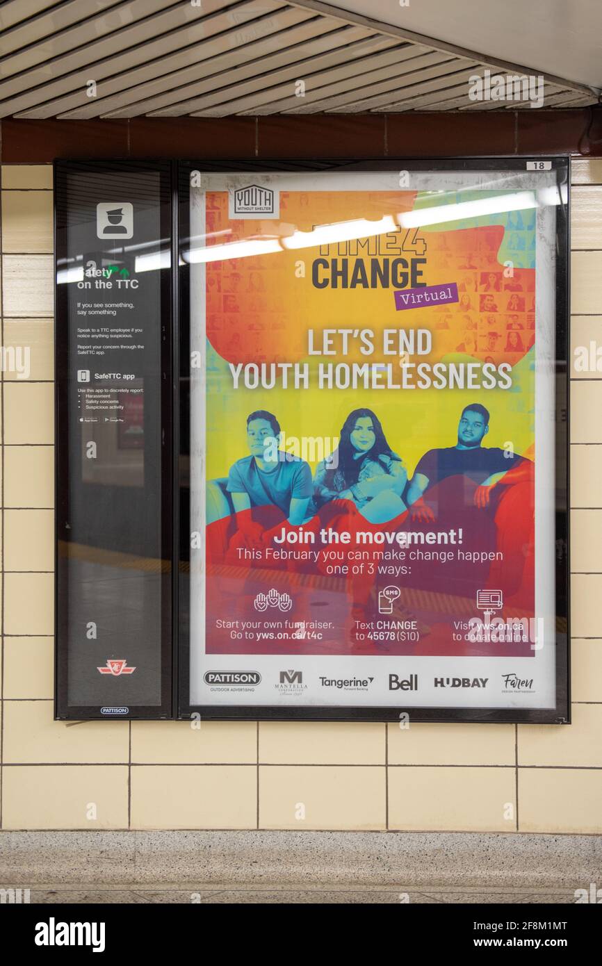 Advertisement covering youth homelessness which is a major social issue in Toronto city, Canada Stock Photo
