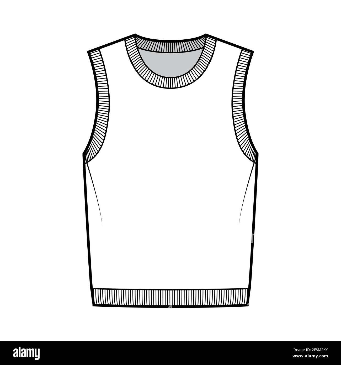 Pullover vest sweater waistcoat technical fashion illustration with sleeveless, rib knit round neckline, oversized body. Flat template front, white color style. Women, men, unisex top CAD mockup Stock Vector