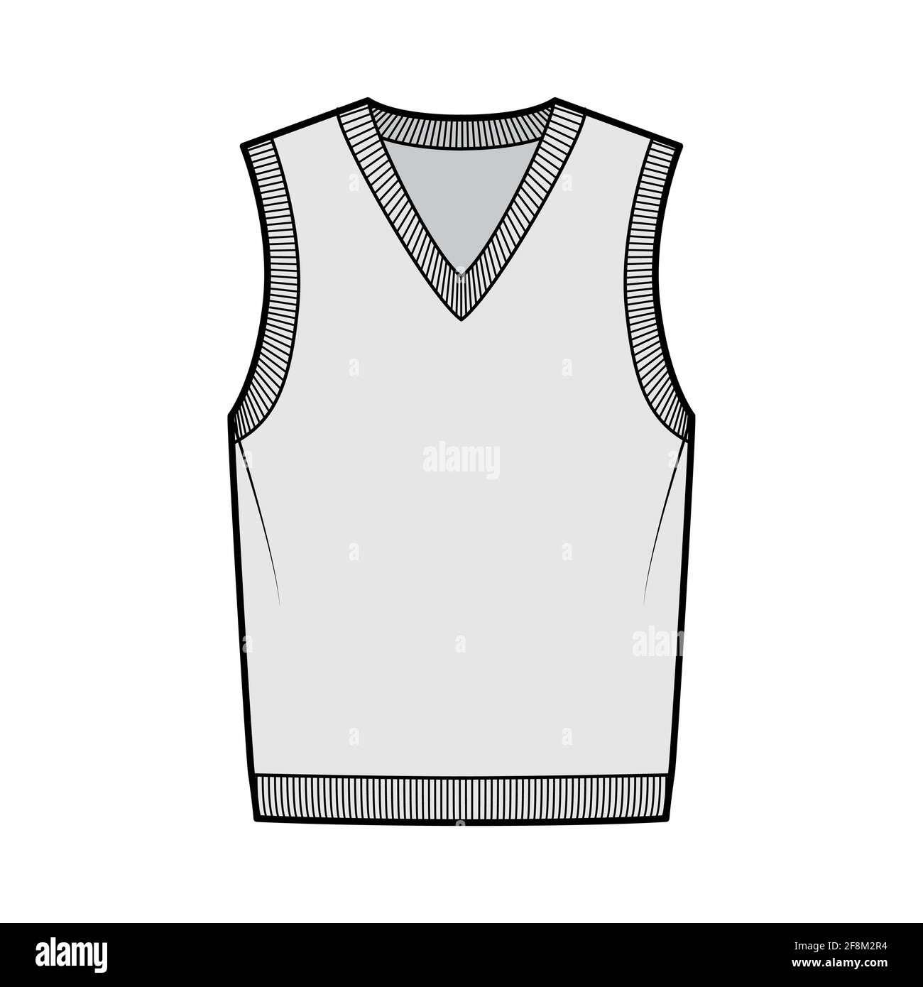Pullover vest sweater waistcoat technical fashion illustration with sleeveless, rib knit V-neckline, oversized body. Flat template front, grey color style. Women, men, unisex top CAD mockup Stock Vector