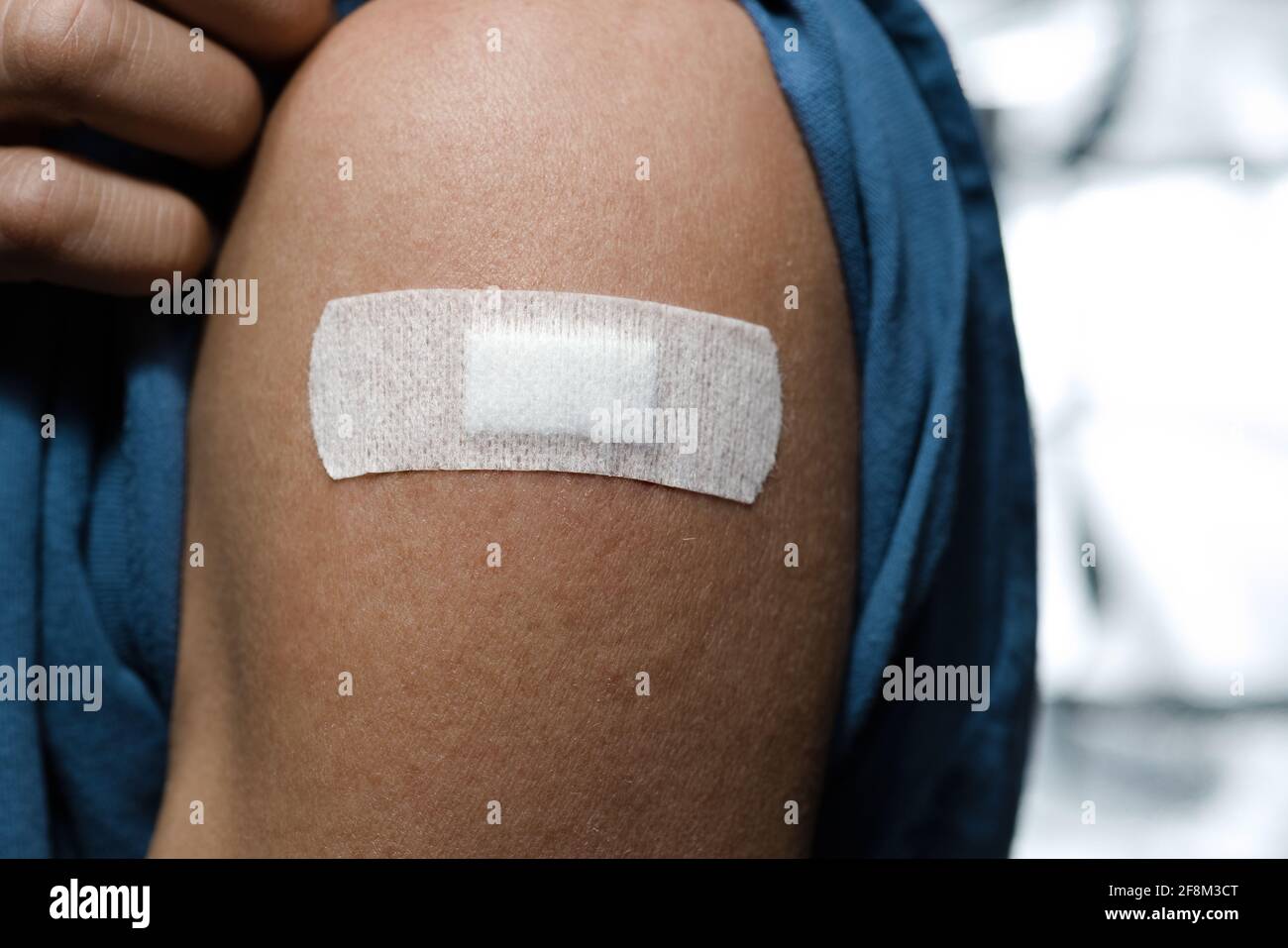 Person with plaster on arm after vaccination inoculation immunization injection date Stock Photo