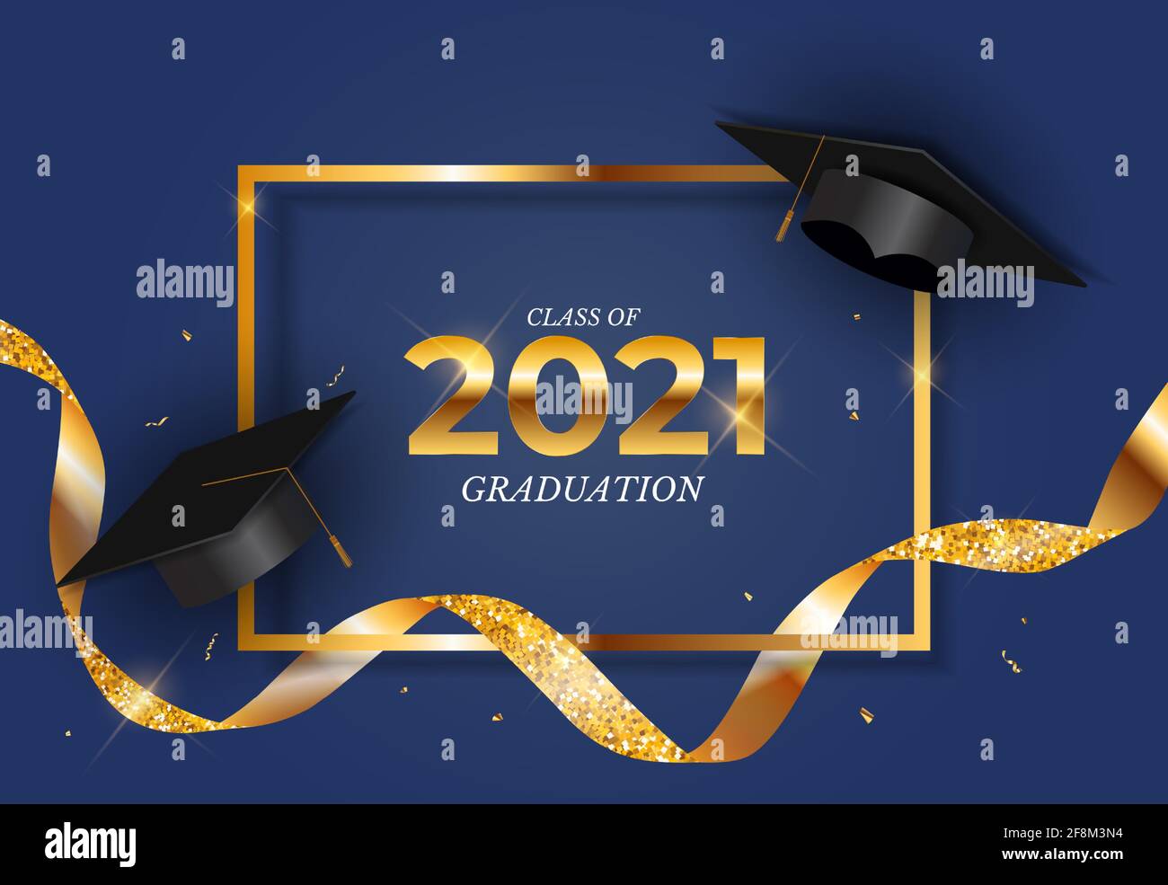 Graduation class of 2021 with graduation cap hat and confetti. Vector ...