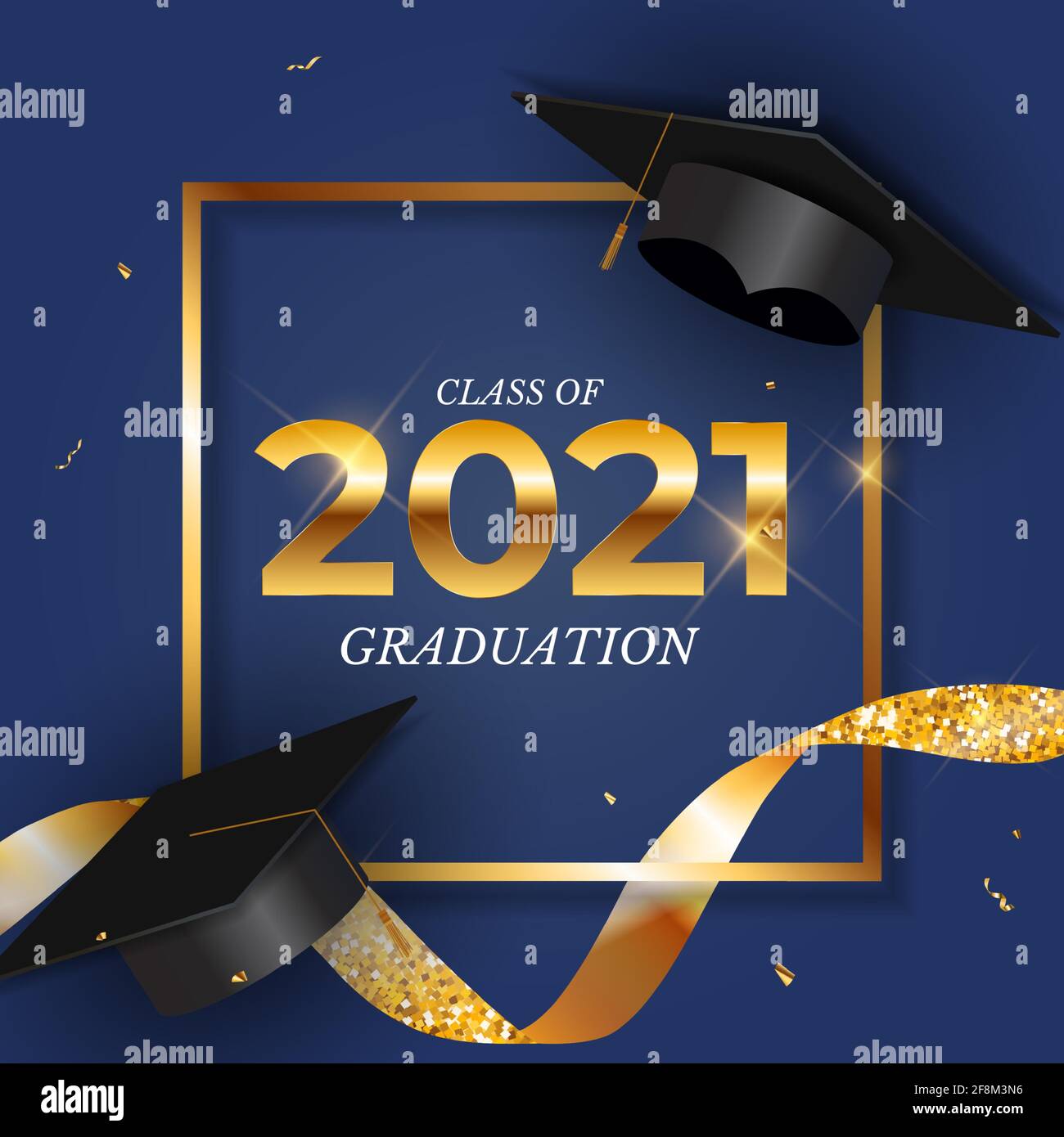 Graduation class of 2021 with graduation cap hat and golden confetti ...