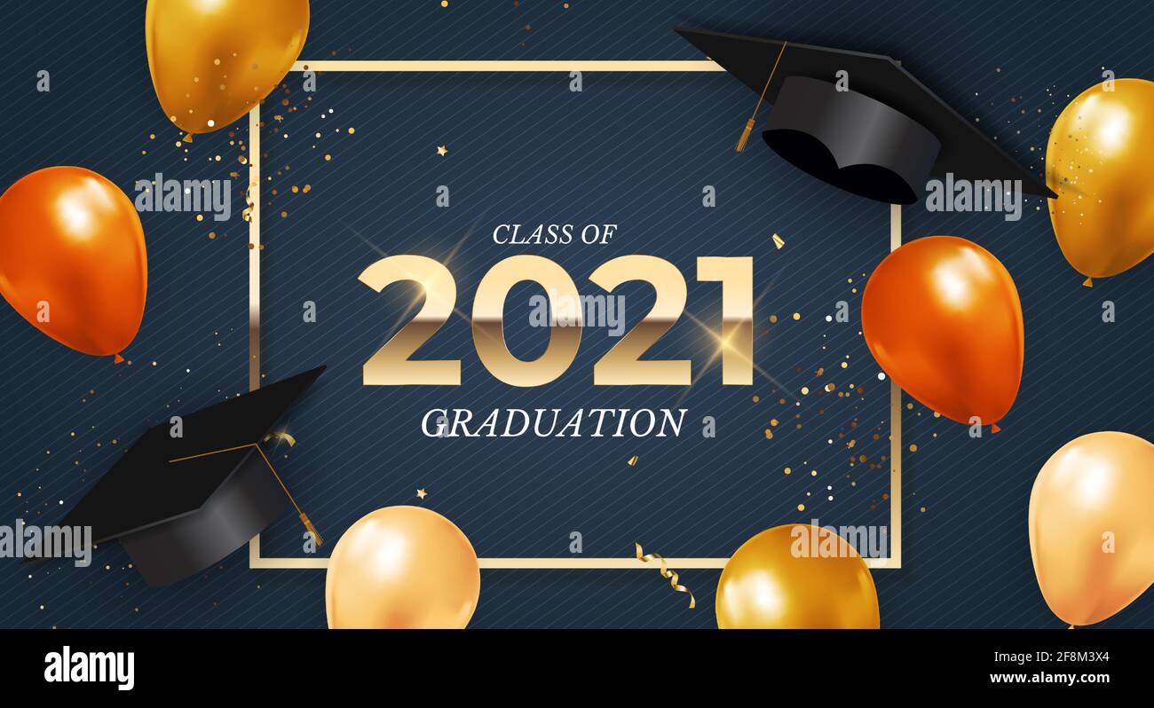 Graduation class of 2021 with graduation cap hat, balloons and confetti ...