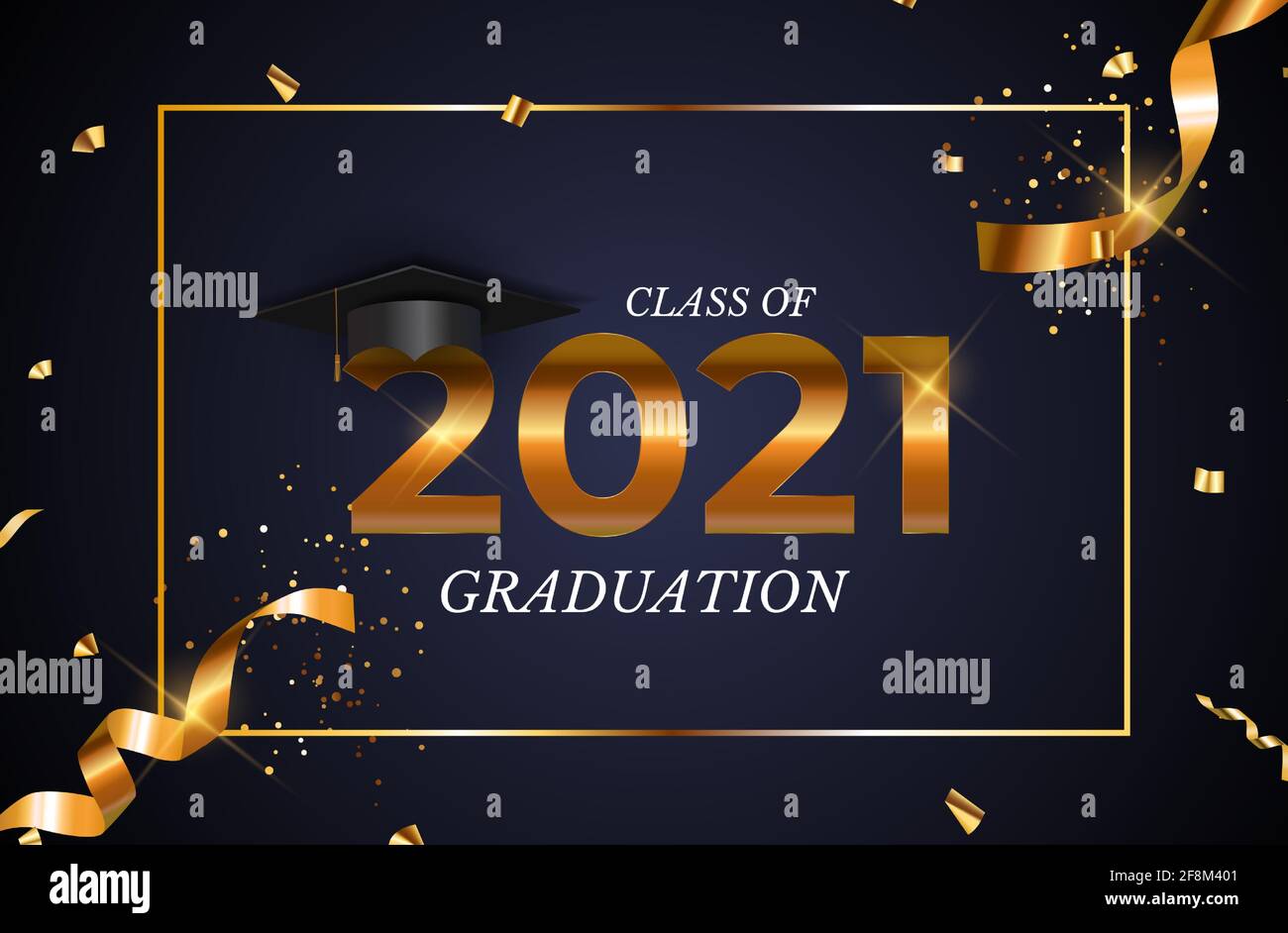 Graduation class of 2021 with graduation cap hat and confetti. Vector ...