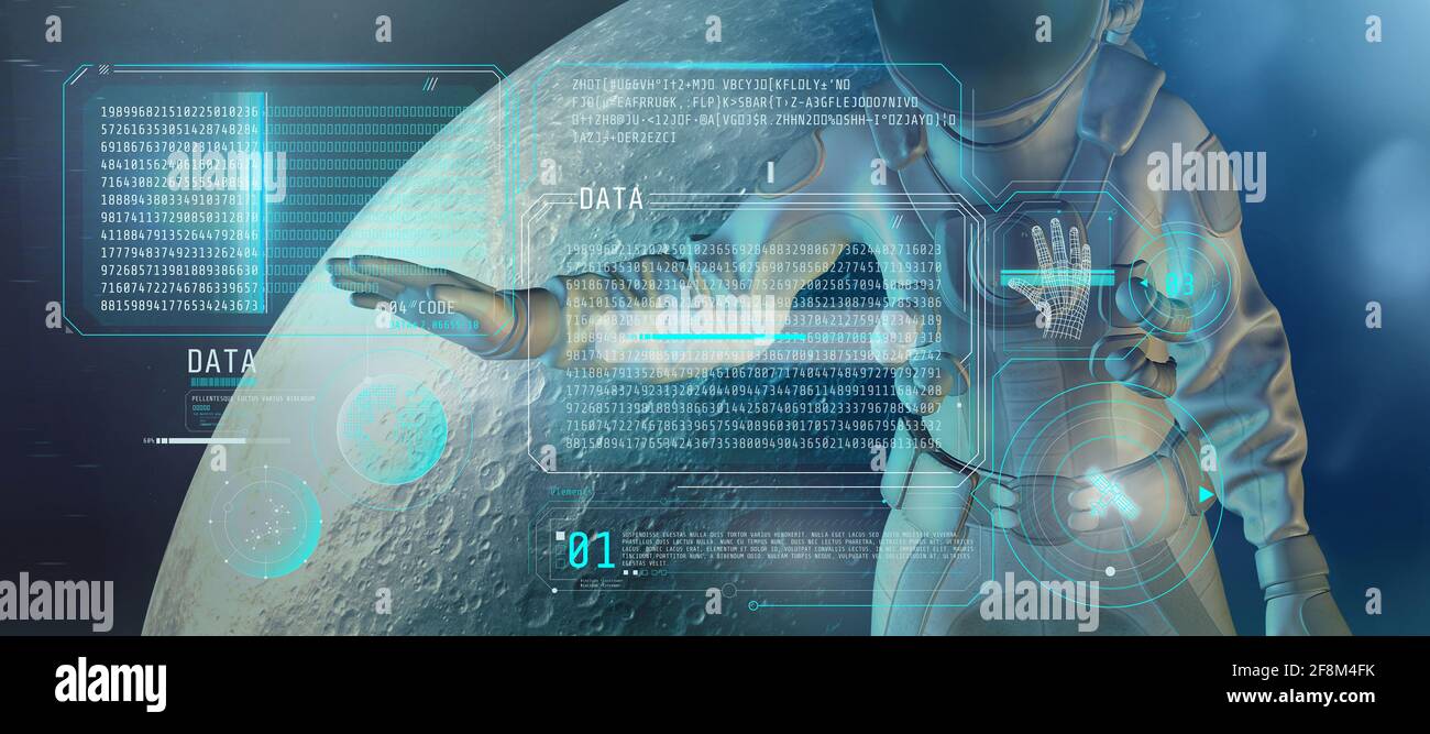 An astronaut examines an array of coded data. 3D render Stock Photo