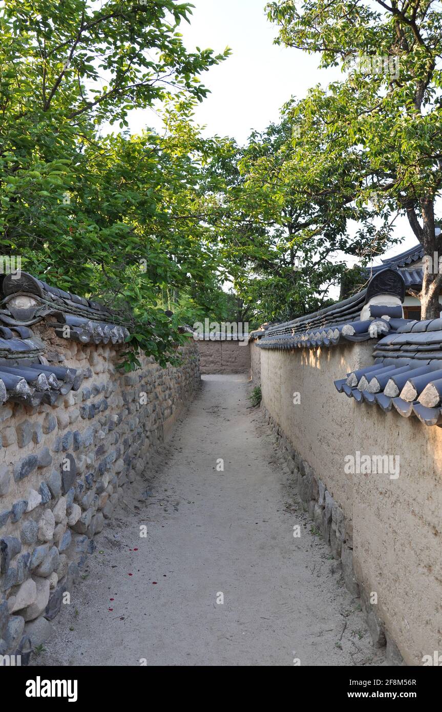 narrow path with wall featuring traditional hanok roof tiles in hahoe ...