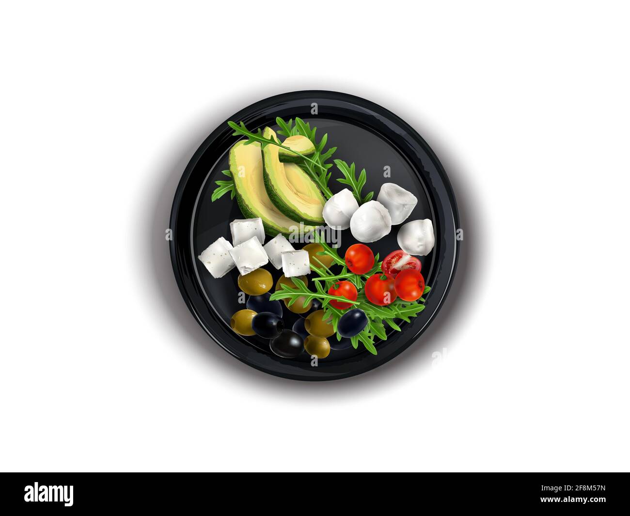 Feta and Mozzarella cheese with vegetables on a black plate. Stock Photo
