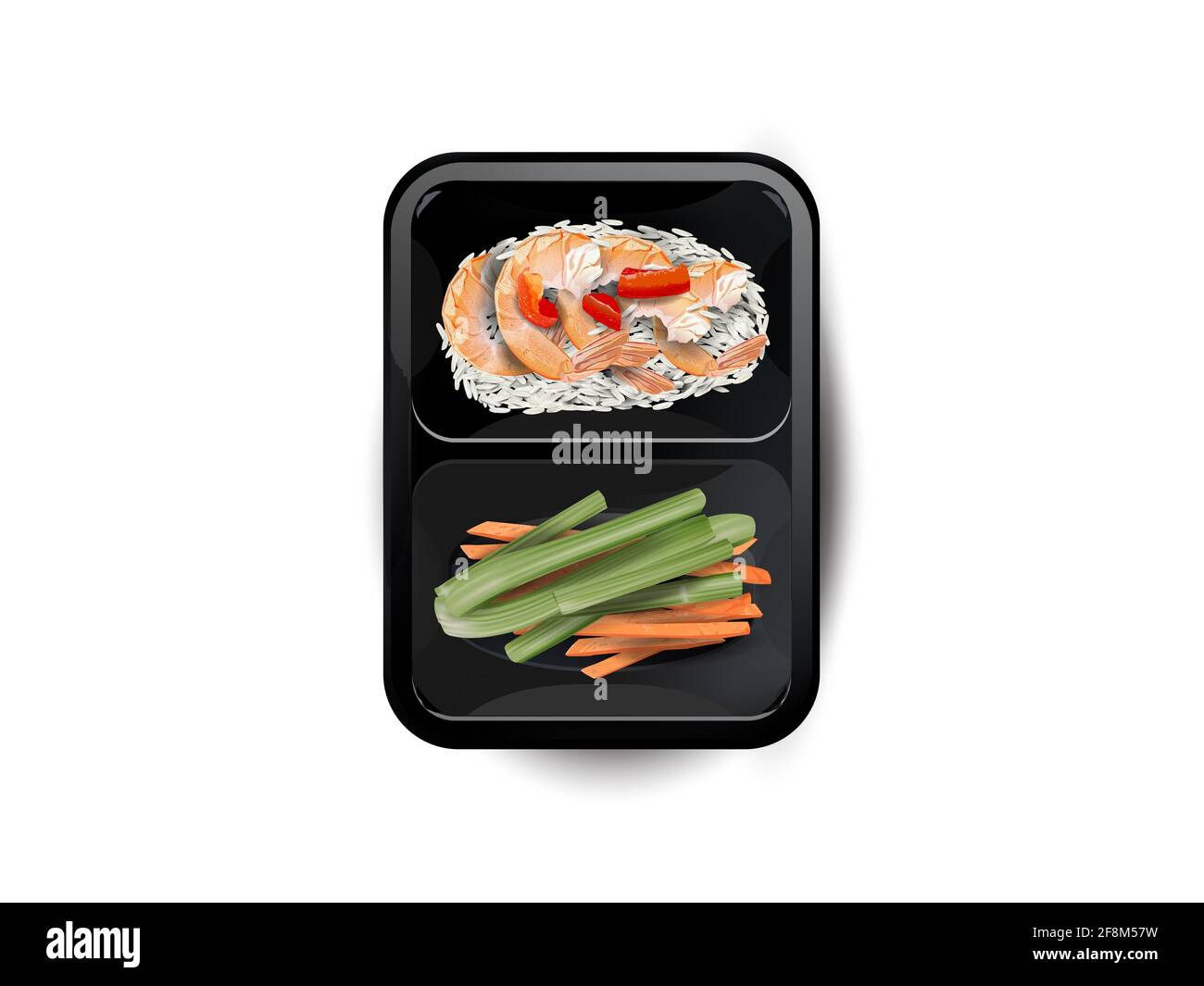 Shrimps with rice and vegetables in a lunchbox. Stock Photo