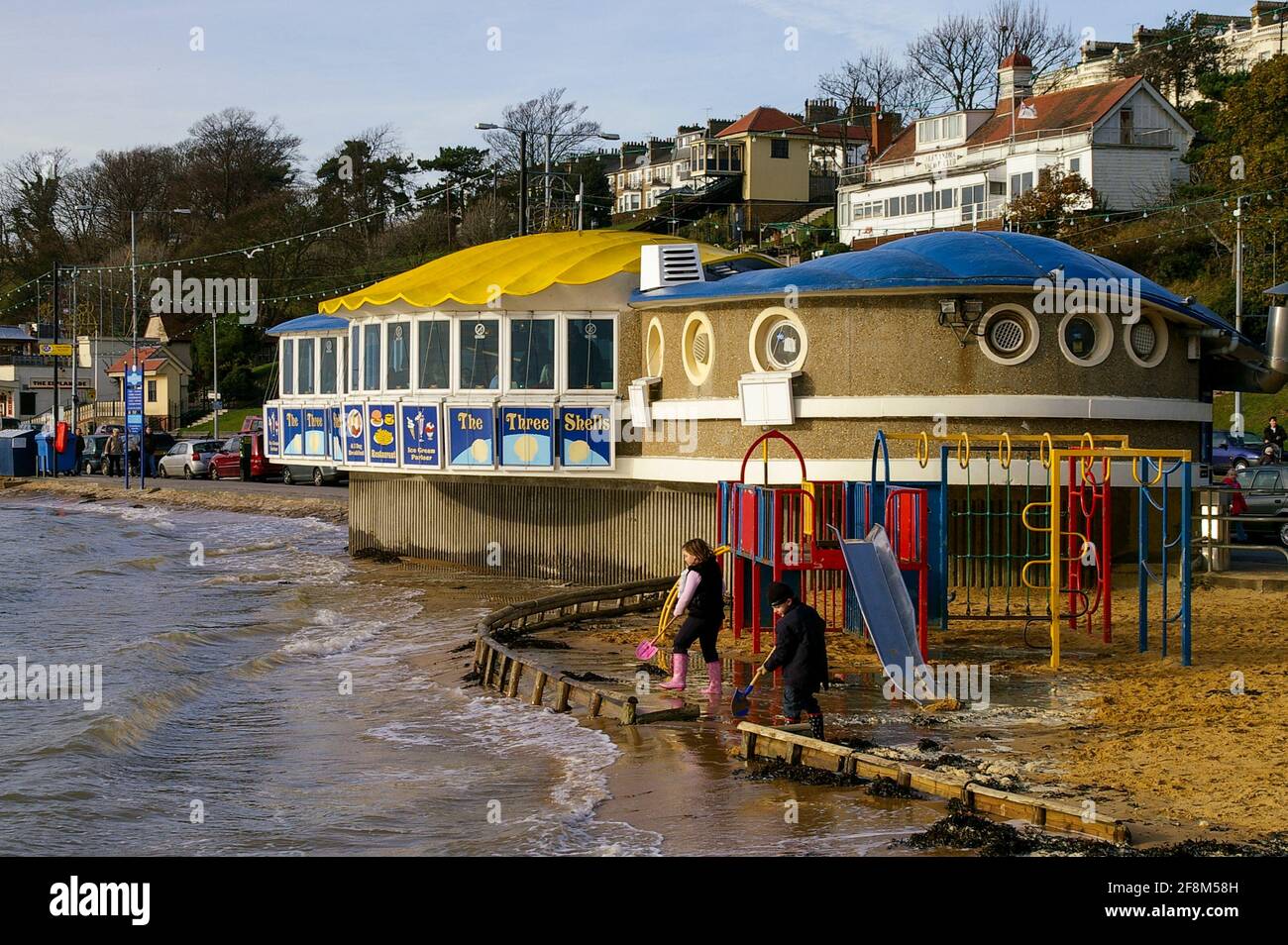 Unusually high tide reaching play area on Southend on Sea beach