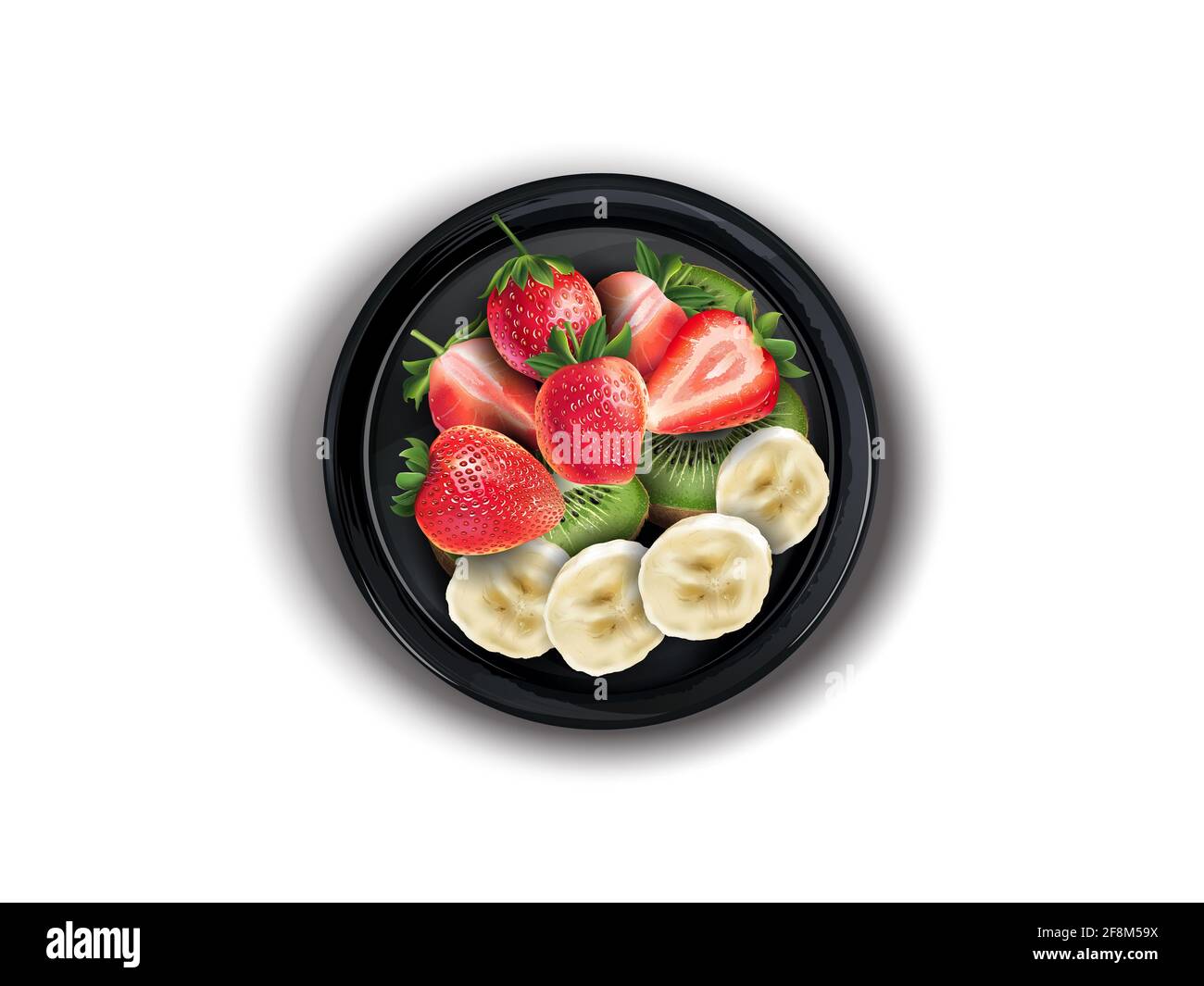 Strawberries with kiwi and banana slices on a black plate. Stock Photo