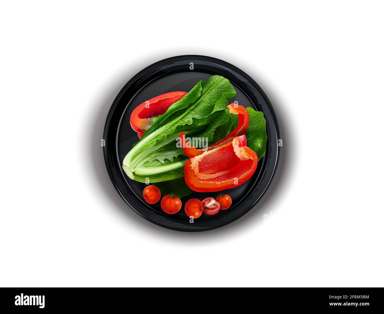 Bell pepper, lettuce and cherry tomatoes on a black plate. Stock Photo