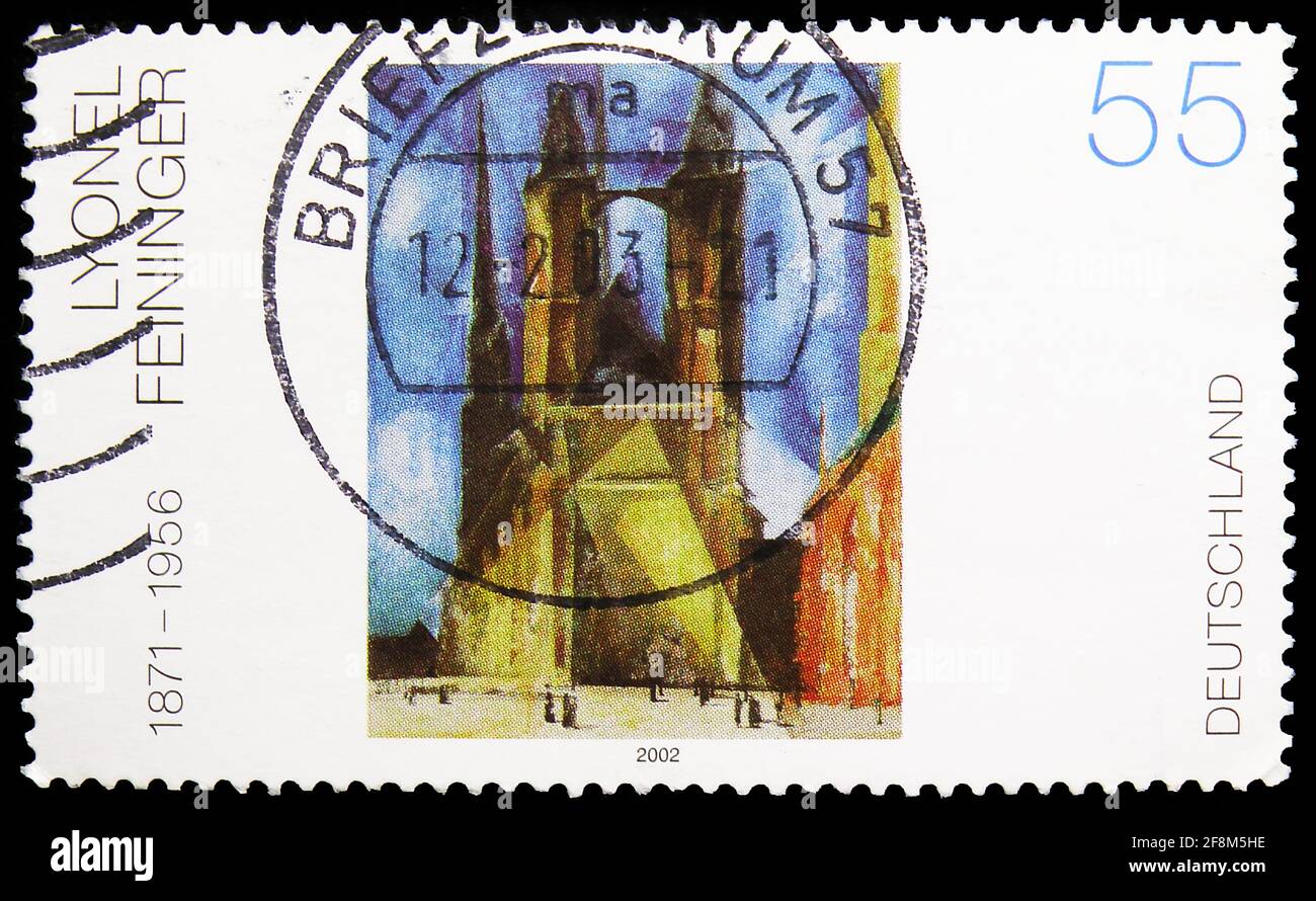 MOSCOW, RUSSIA - NOVEMBER 10, 2019: Postage stamp printed in Germany shows 'Halle Market Church', painting by Lyonel Feininger, serie, circa 2002 Stock Photo