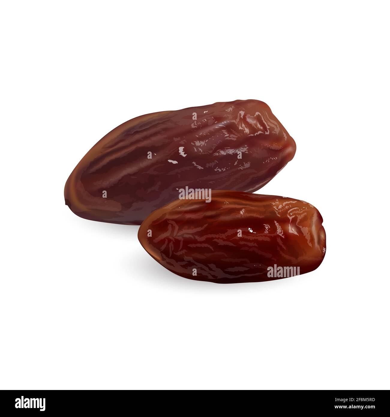 Two dried dates on a white background. Stock Photo