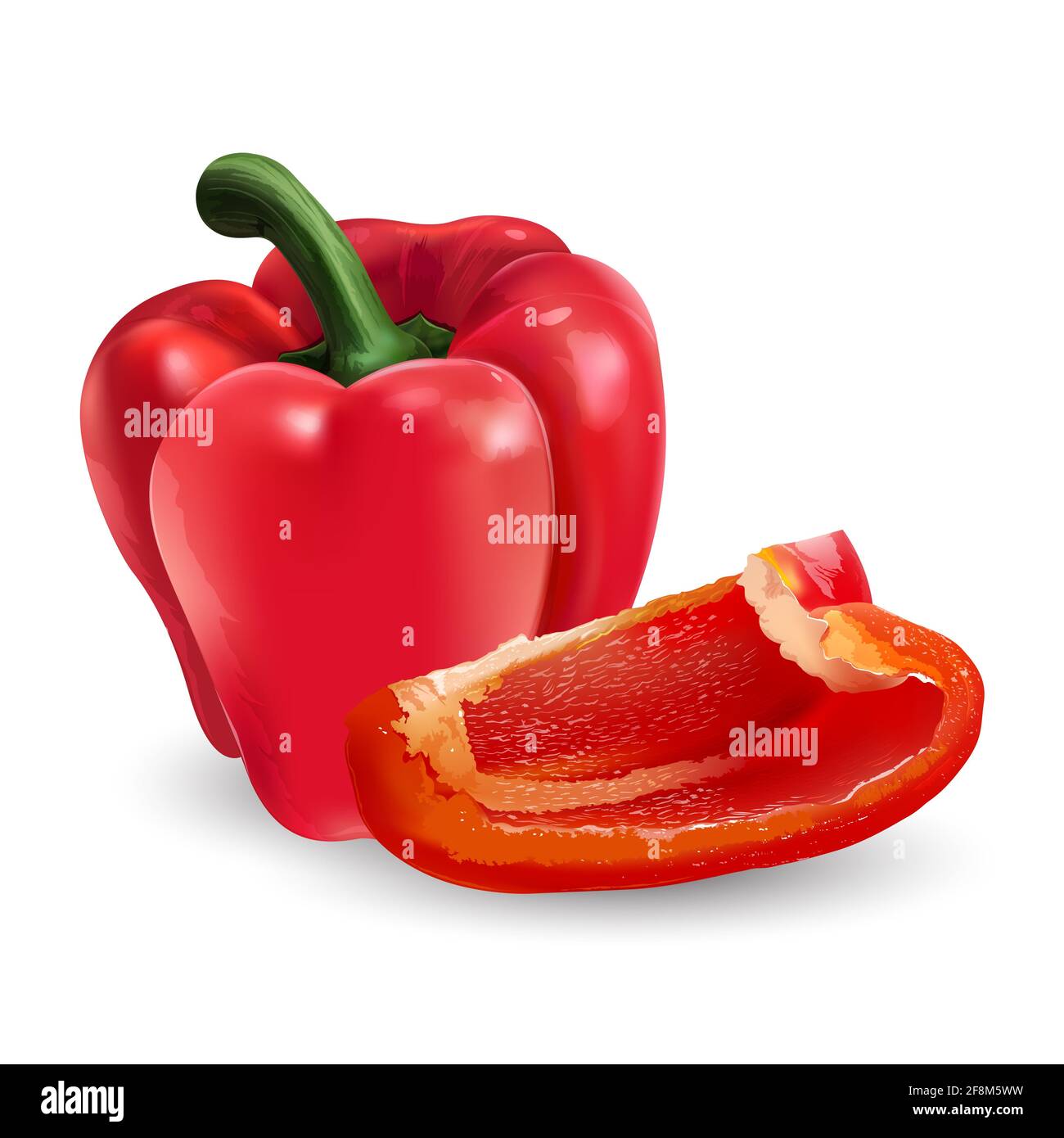 Whole red bell pepper with a slice on white background. Stock Photo